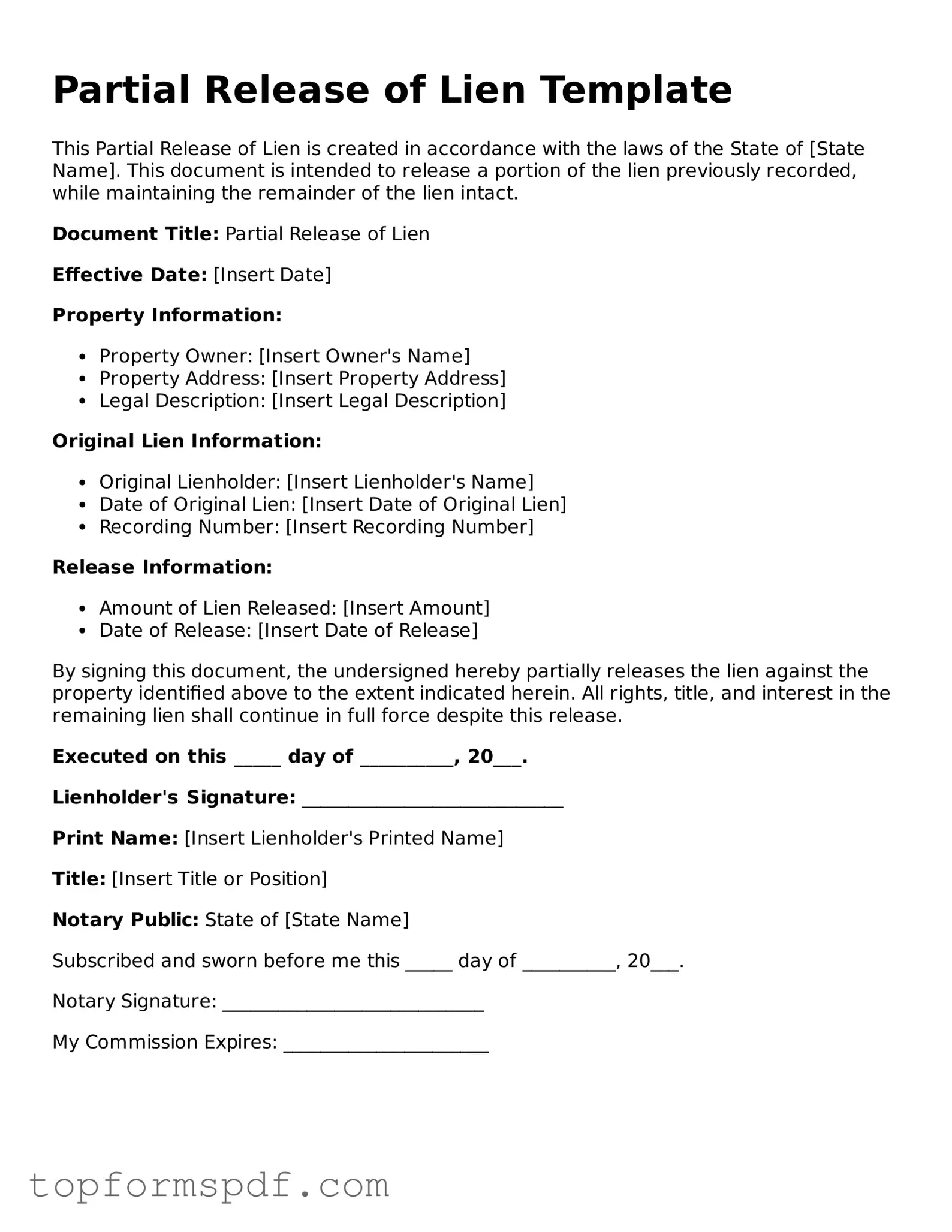 Legal Partial Release of Lien Form