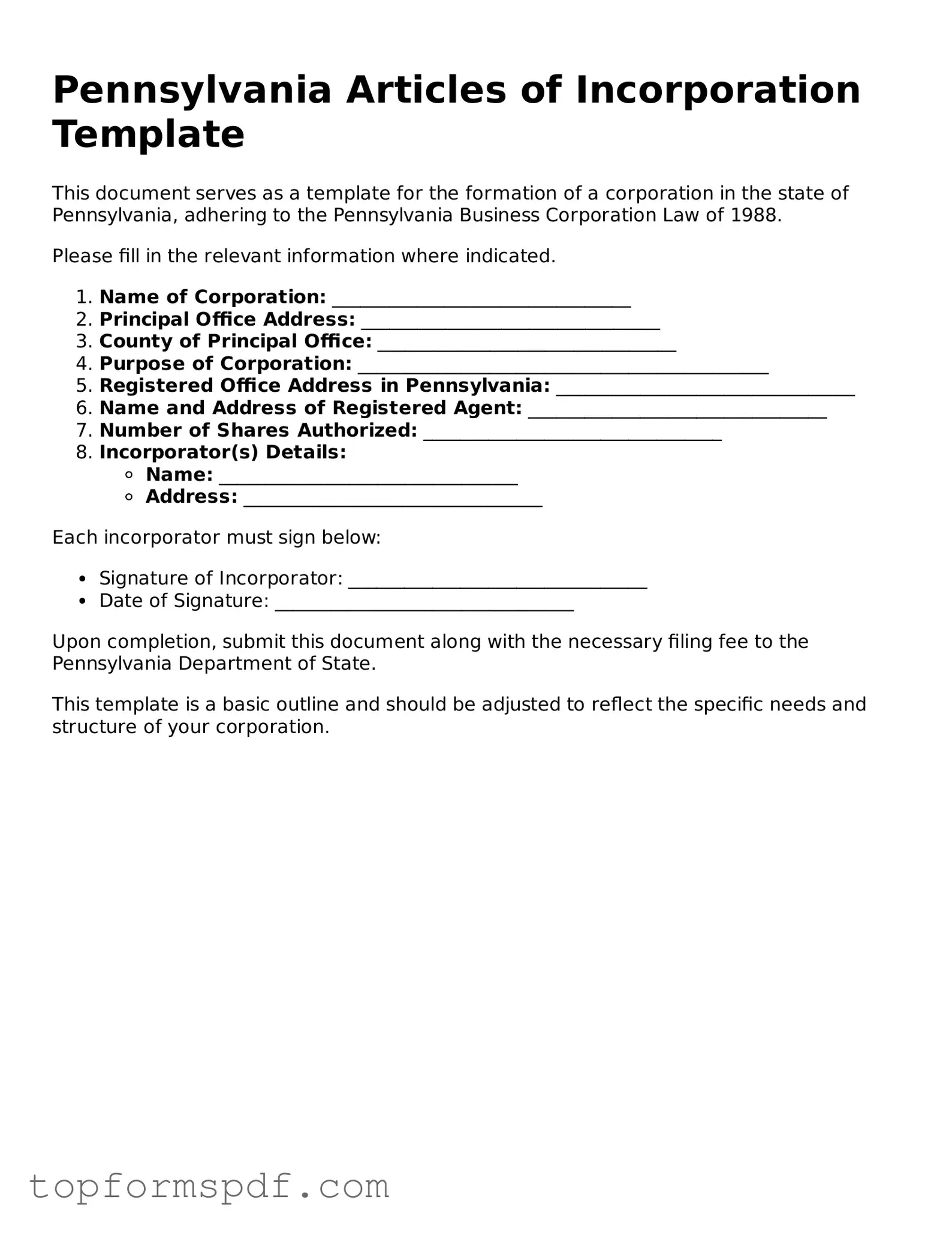Blank Pennsylvania Articles of Incorporation Template