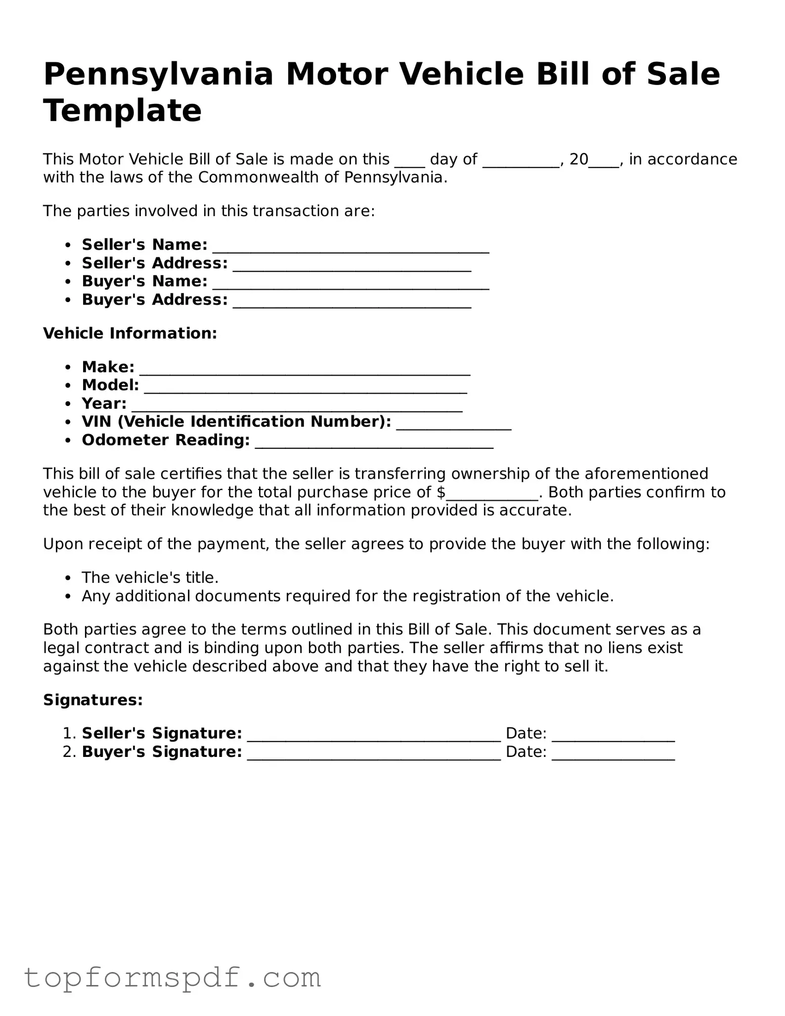 Blank Pennsylvania Motor Vehicle Bill of Sale Template