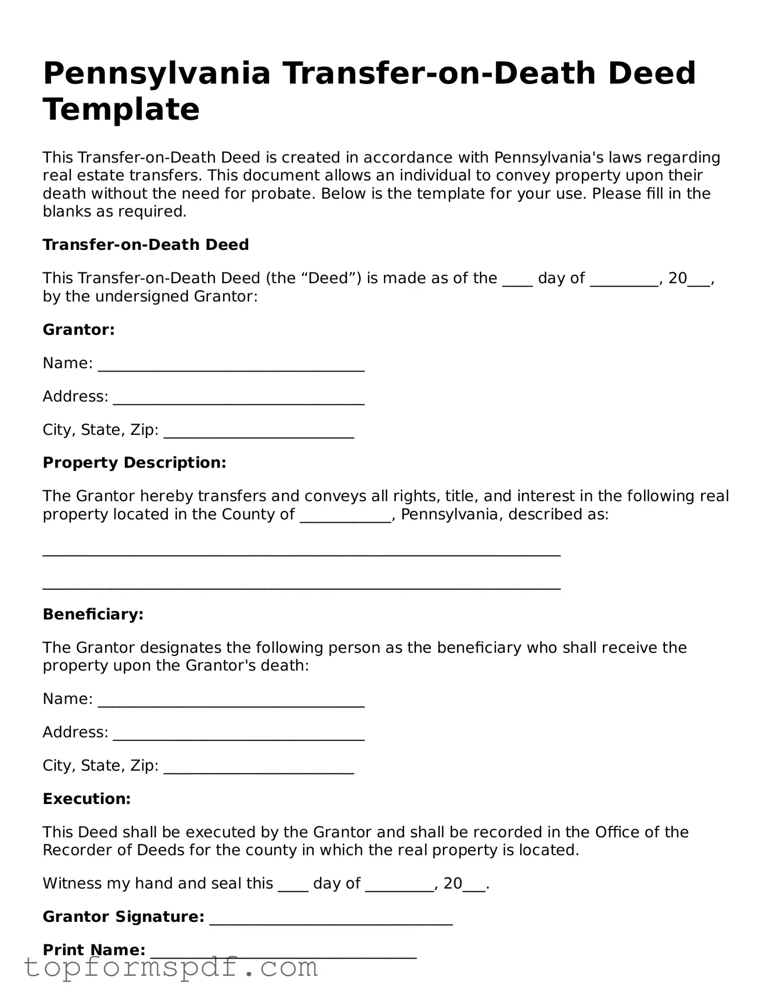 Blank Pennsylvania Transfer-on-Death Deed Template