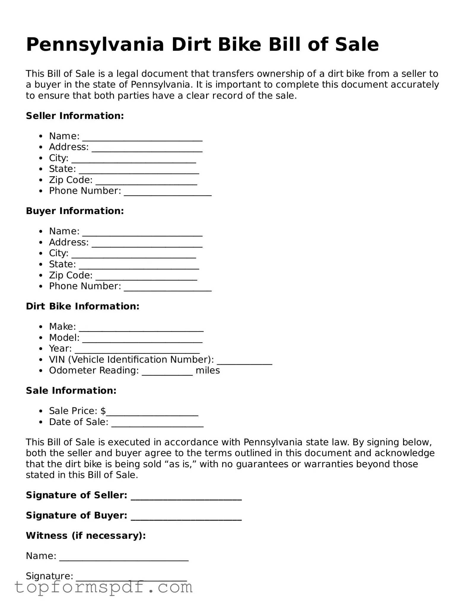 Blank Pennsylvania Dirt Bike Bill of Sale Template