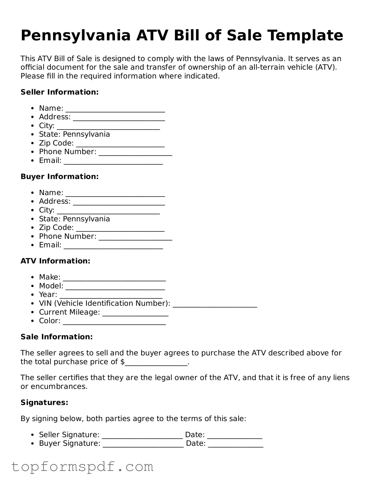 Blank Pennsylvania ATV Bill of Sale Template