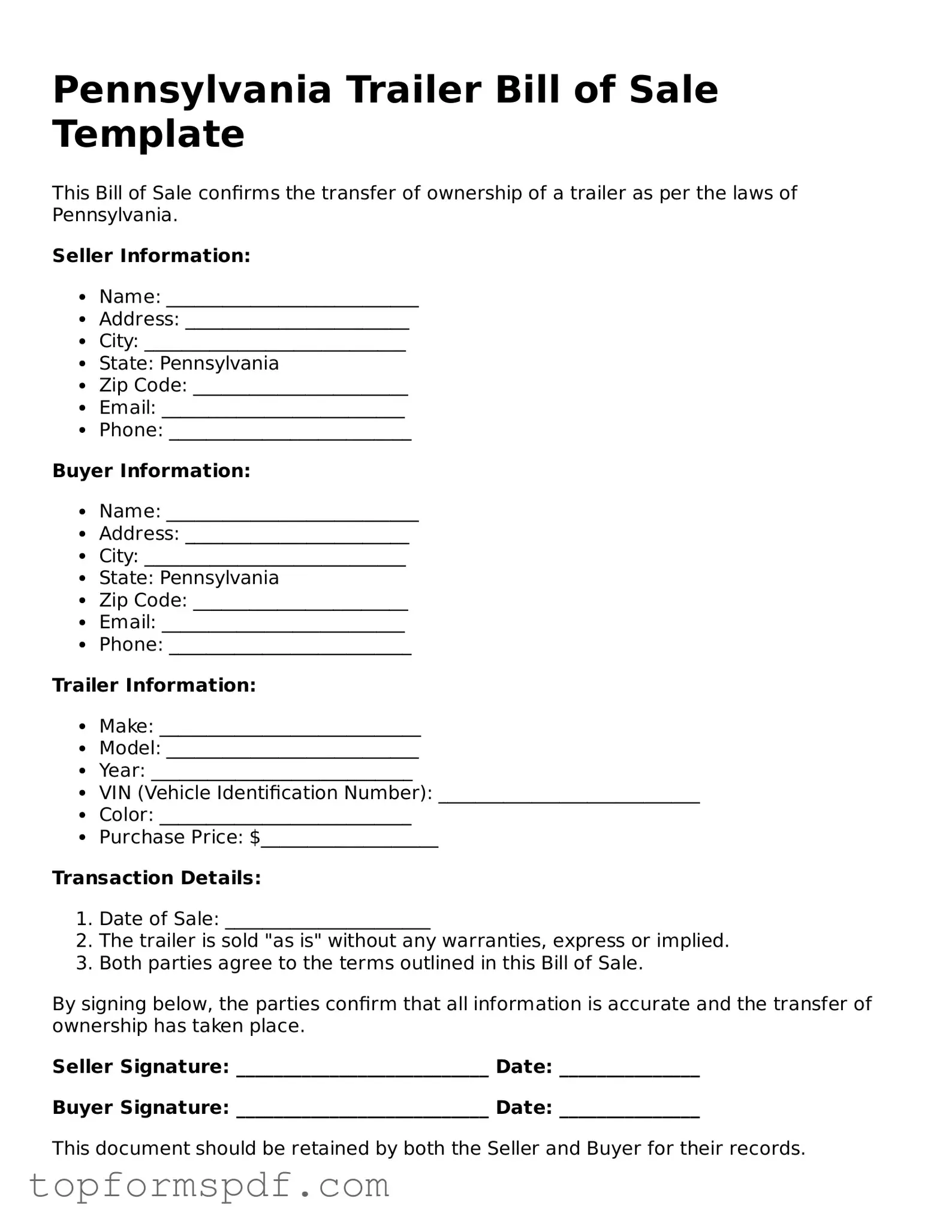 Blank Pennsylvania Trailer Bill of Sale Template