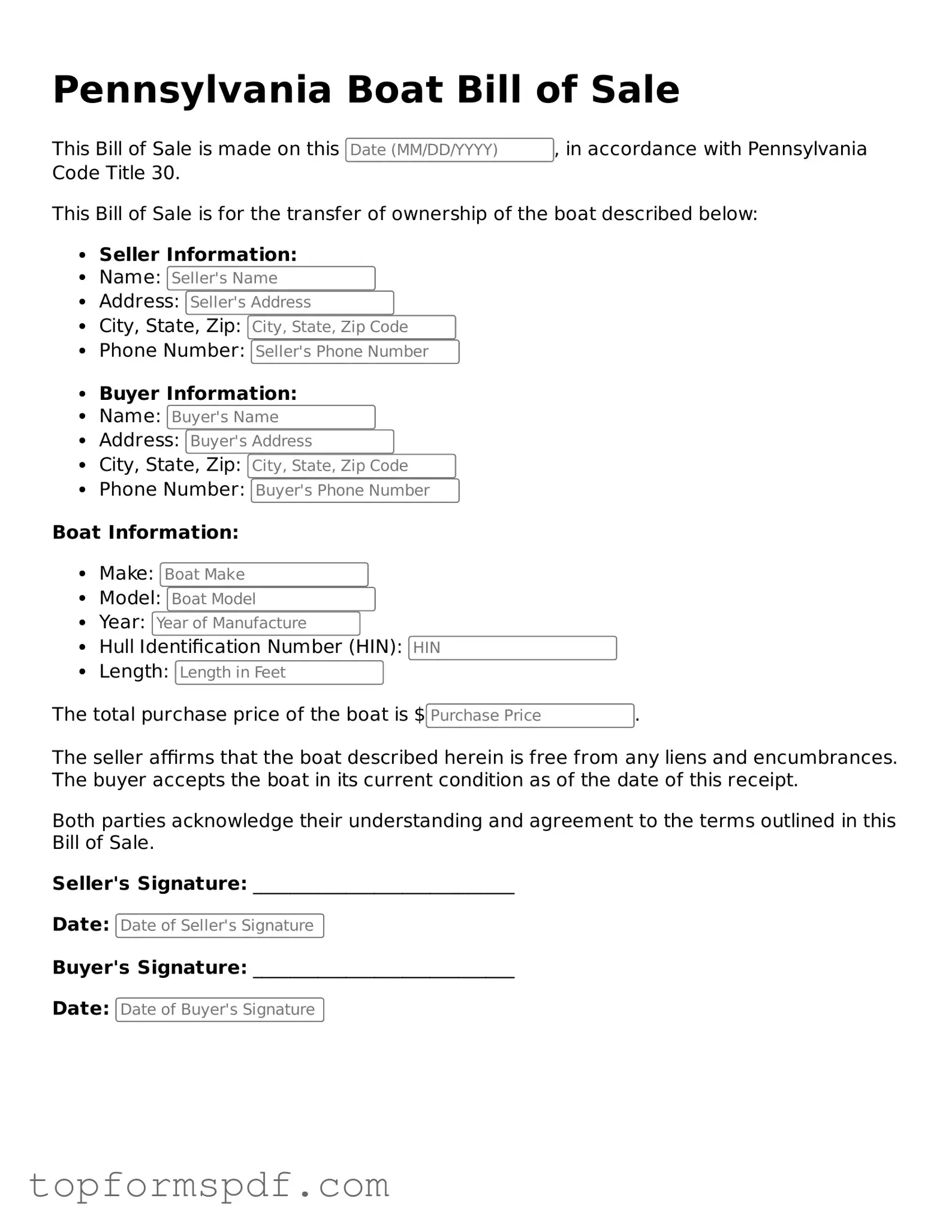 Blank Pennsylvania Boat Bill of Sale Template