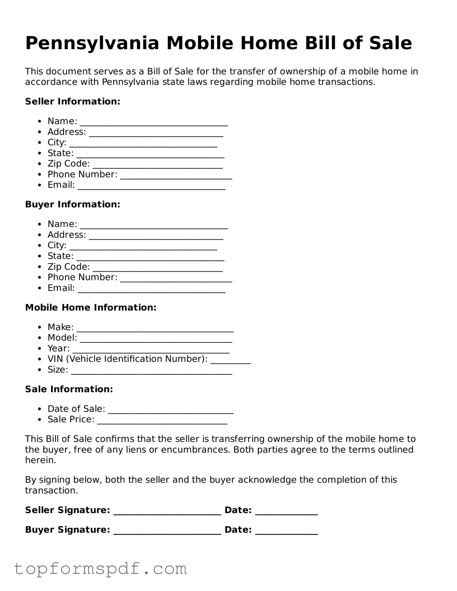 Blank Pennsylvania Mobile Home Bill of Sale Template