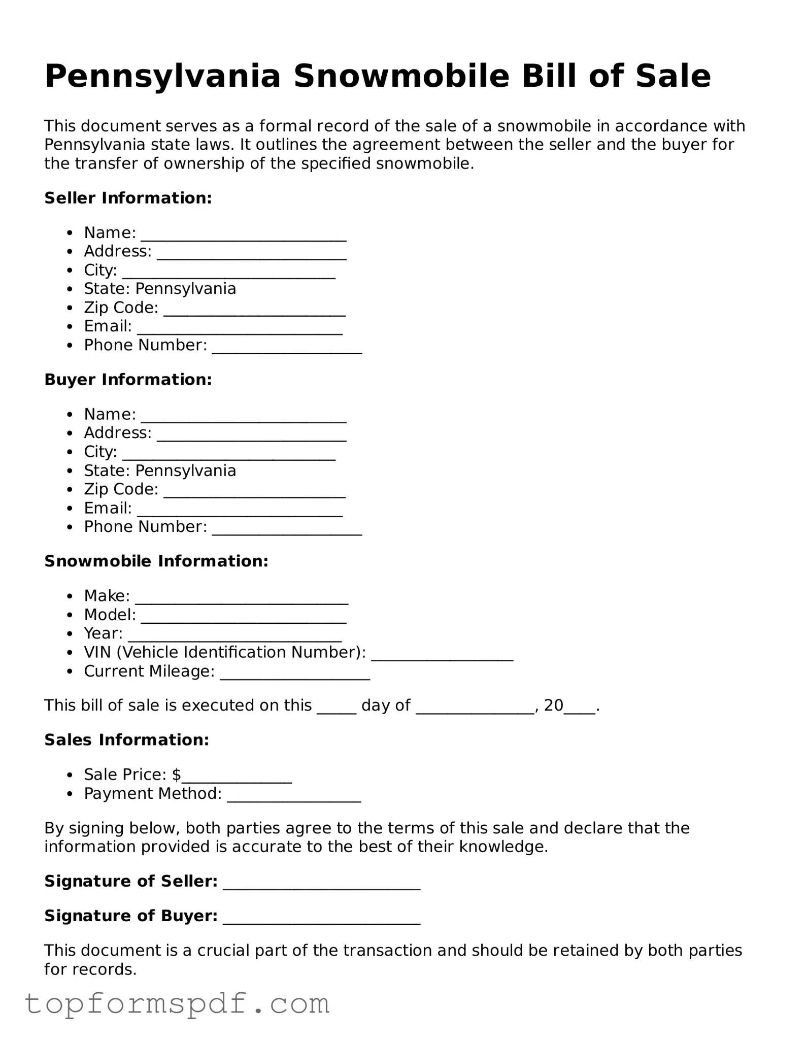 Blank Pennsylvania Snowmobile Bill of Sale Template