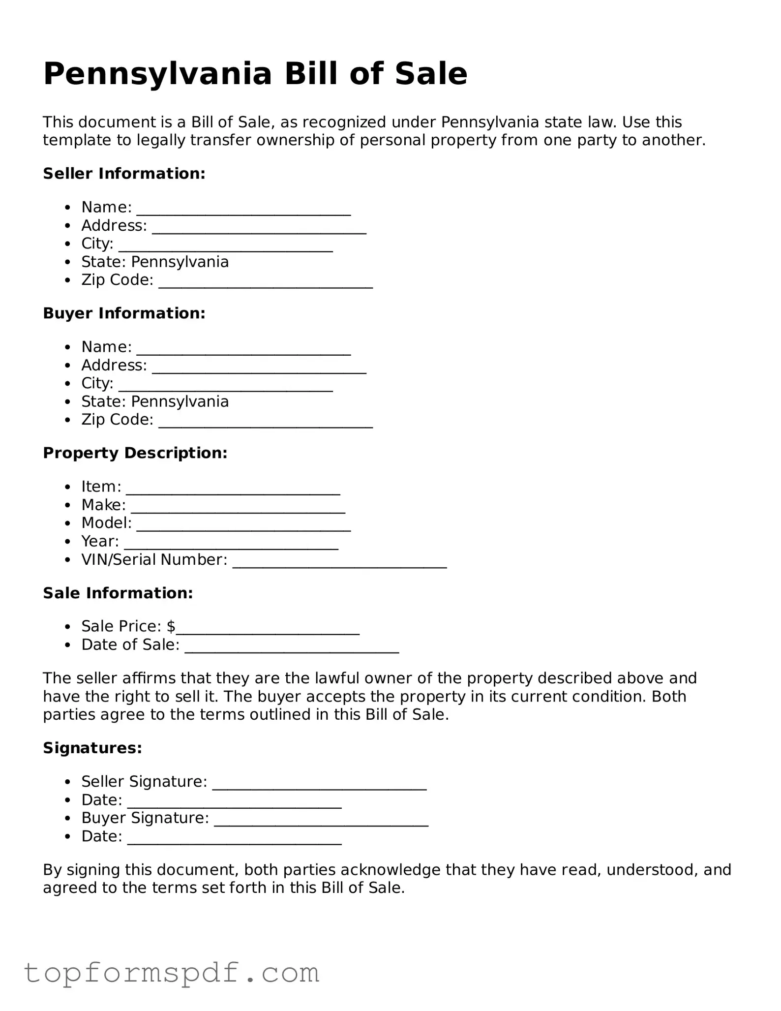 Blank Pennsylvania Bill of Sale Template