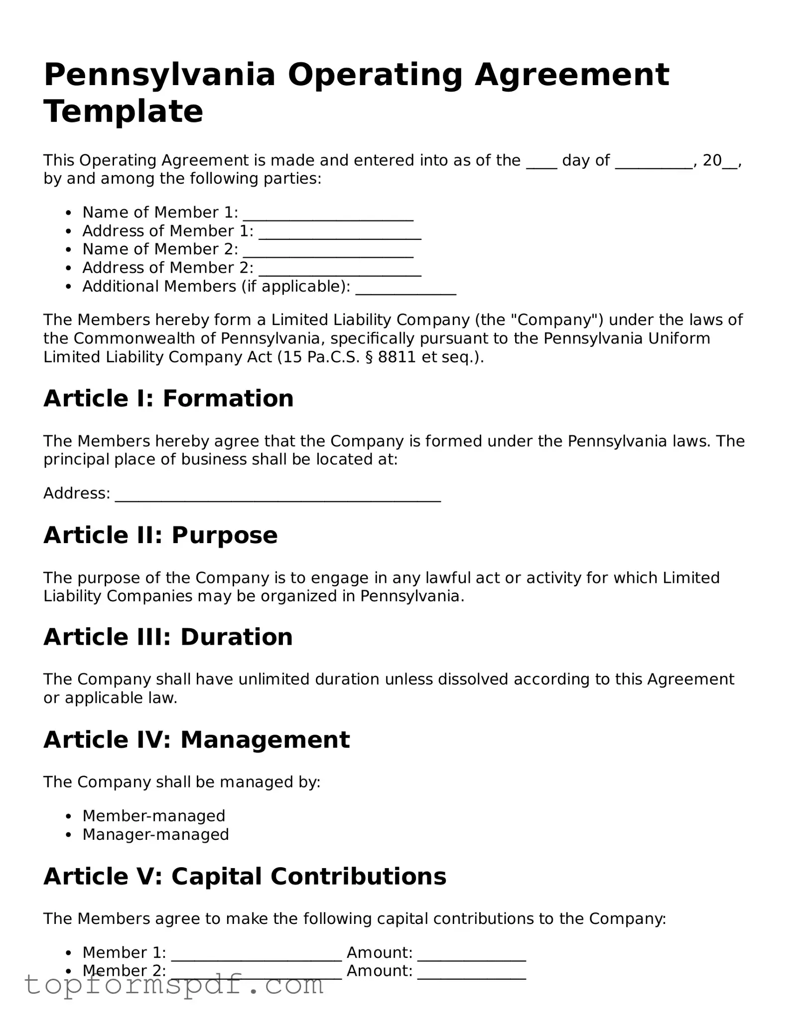 Blank Pennsylvania Operating Agreement Template