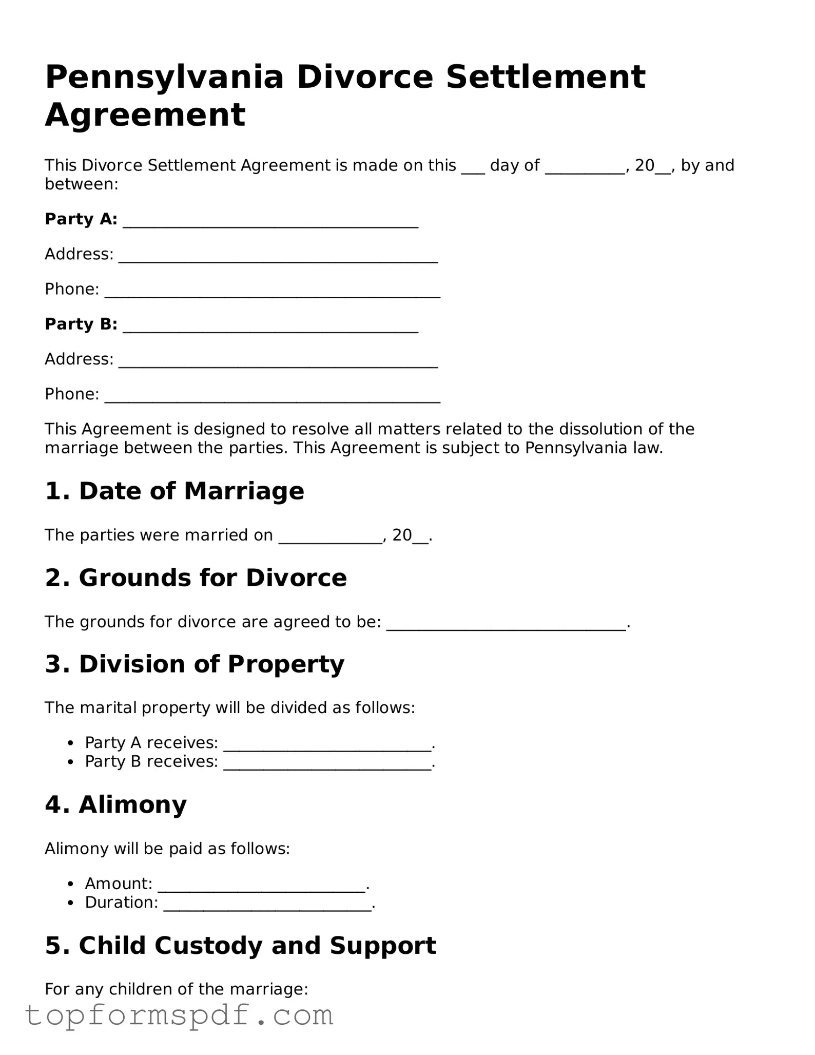 Blank Pennsylvania Divorce Settlement Agreement Template