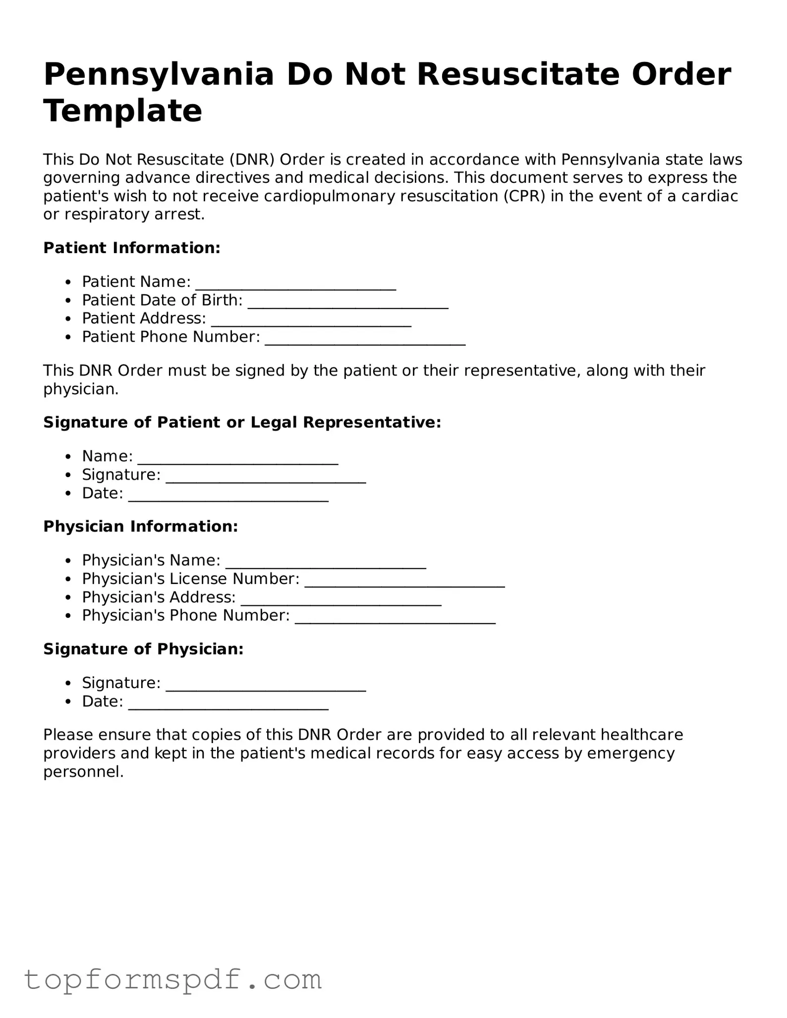 Blank Pennsylvania Do Not Resuscitate Order Template