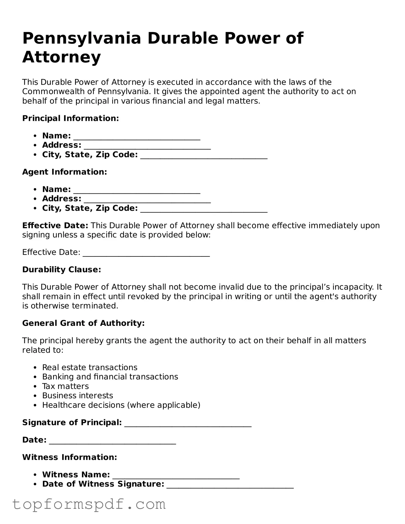 Blank Pennsylvania Durable Power of Attorney Template