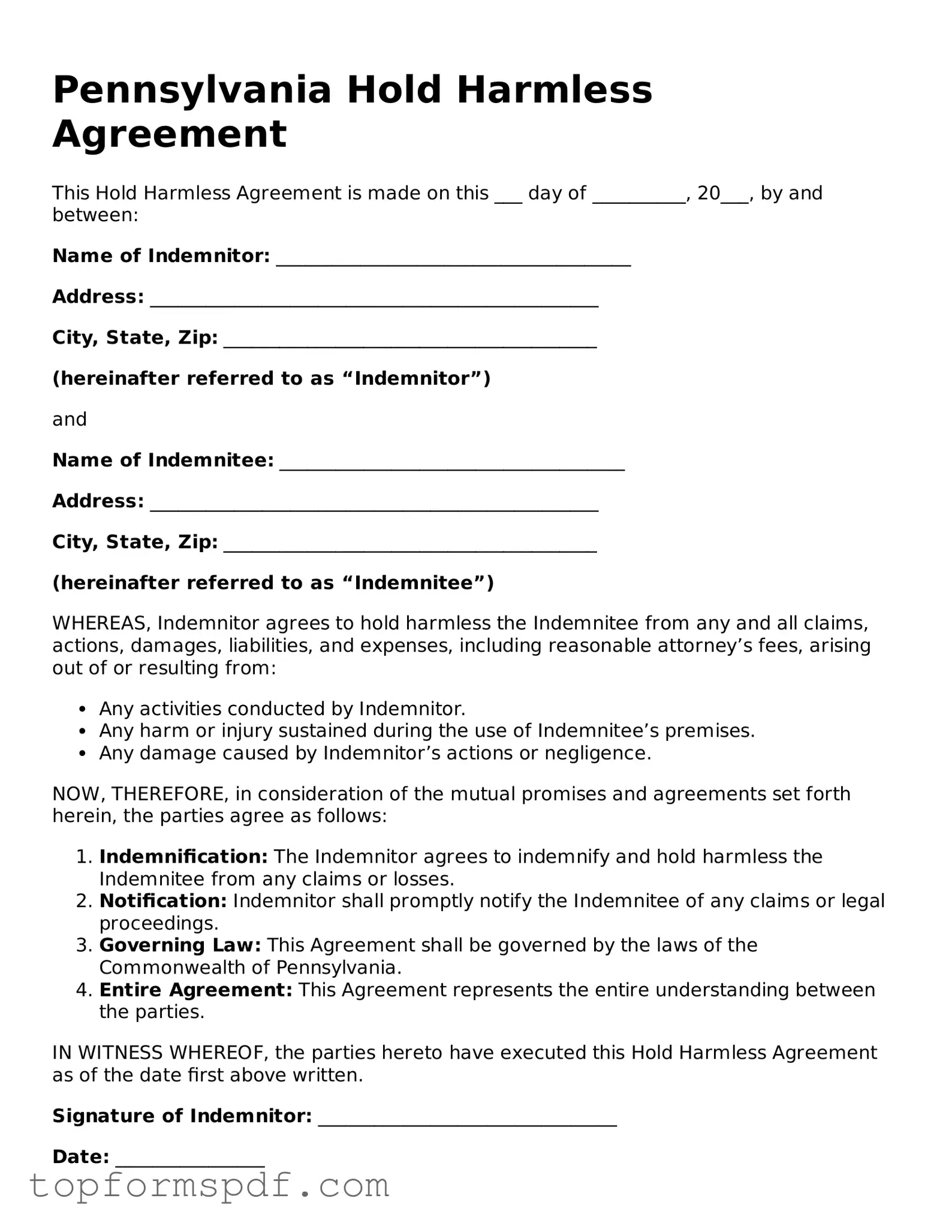 Blank Pennsylvania Hold Harmless Agreement Template