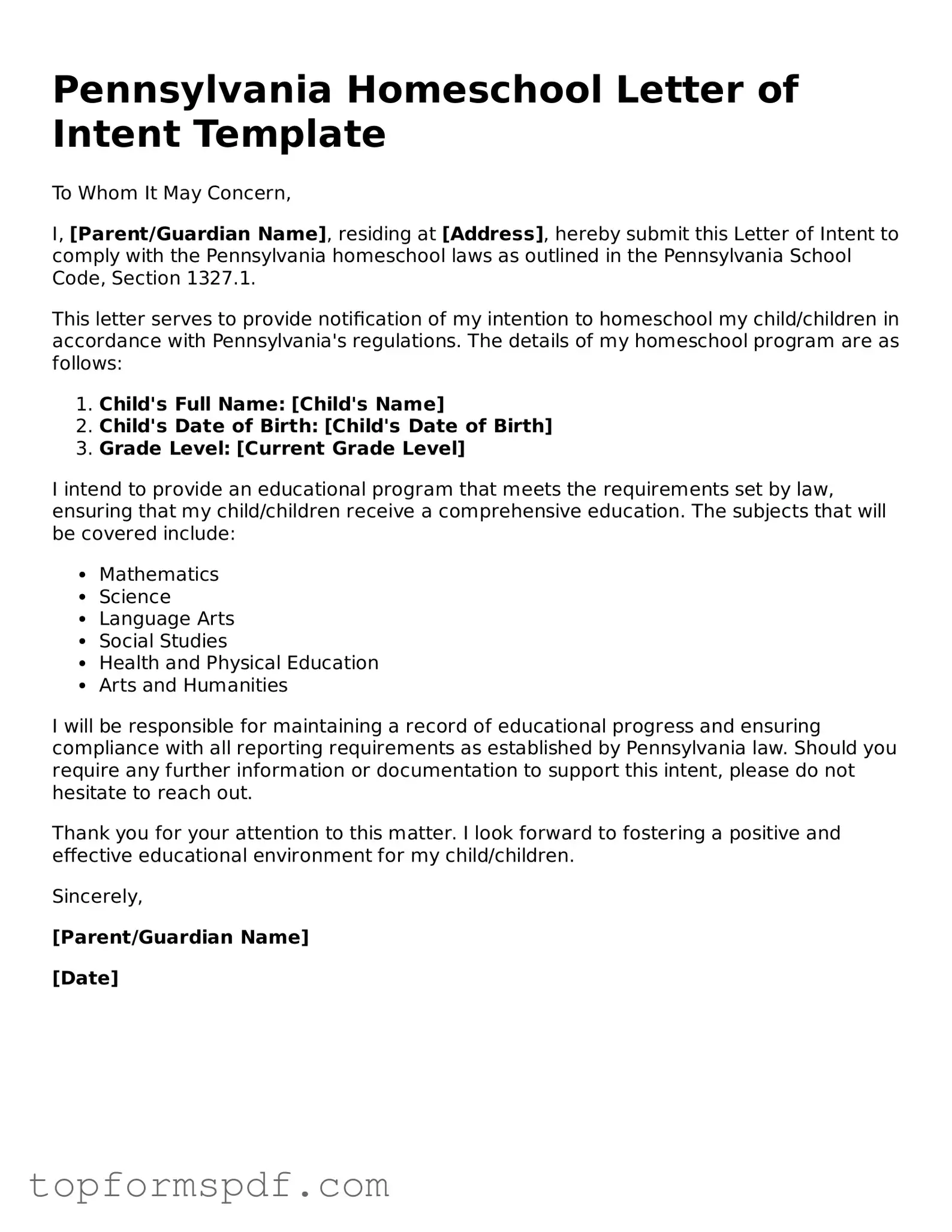 Blank Pennsylvania Homeschool Letter of Intent Template