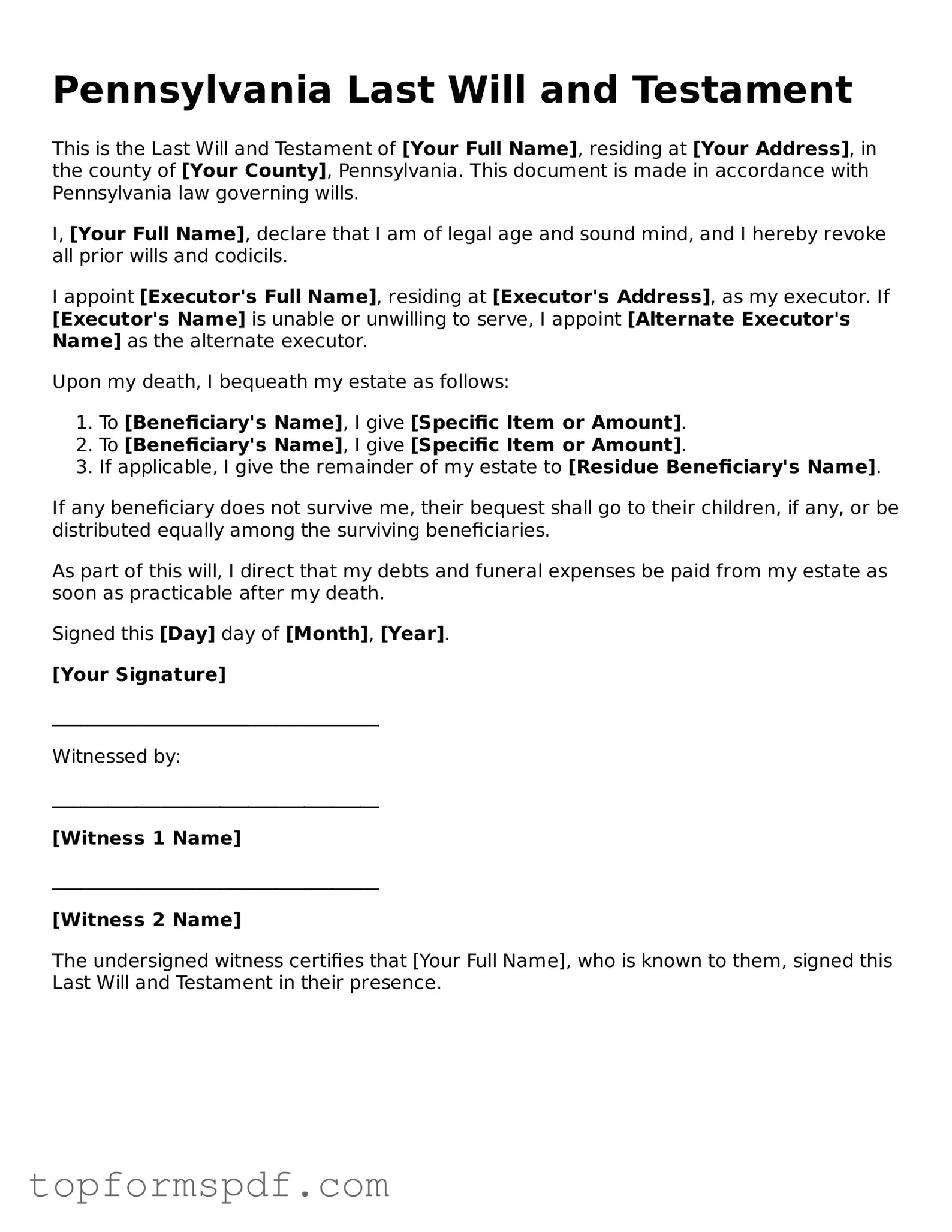 Blank Pennsylvania Last Will and Testament Template