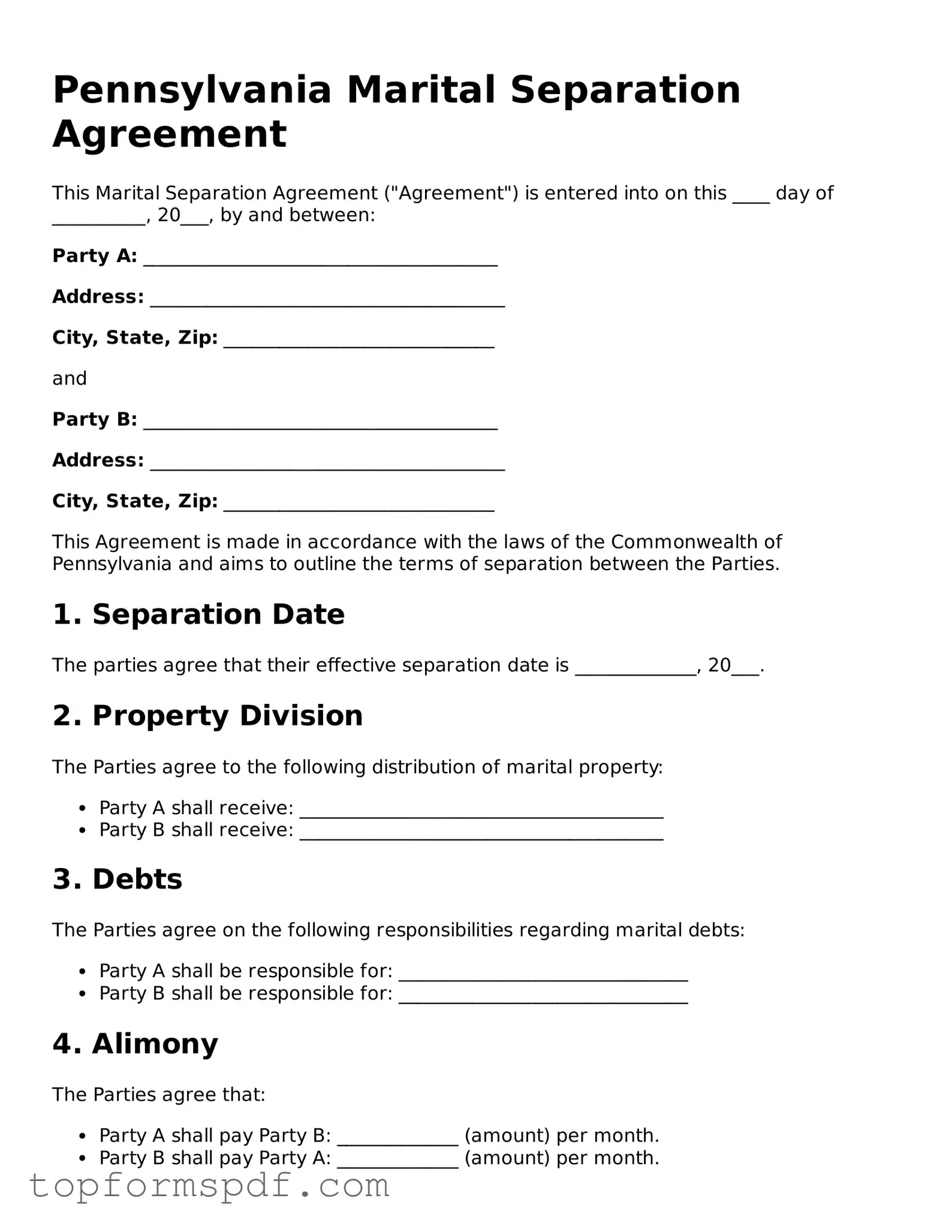 Blank Pennsylvania Marital Separation Agreement Template