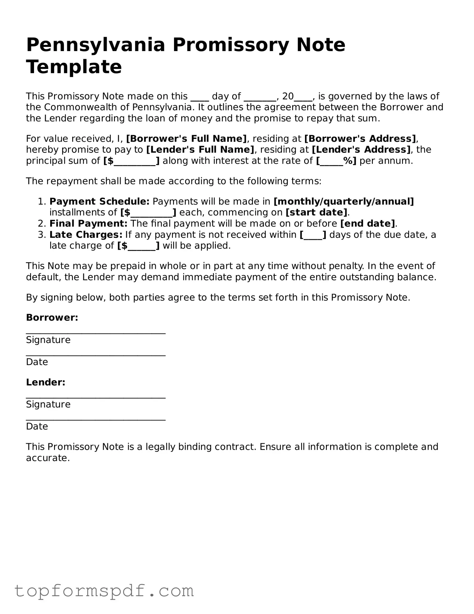 Blank Pennsylvania Promissory Note Template