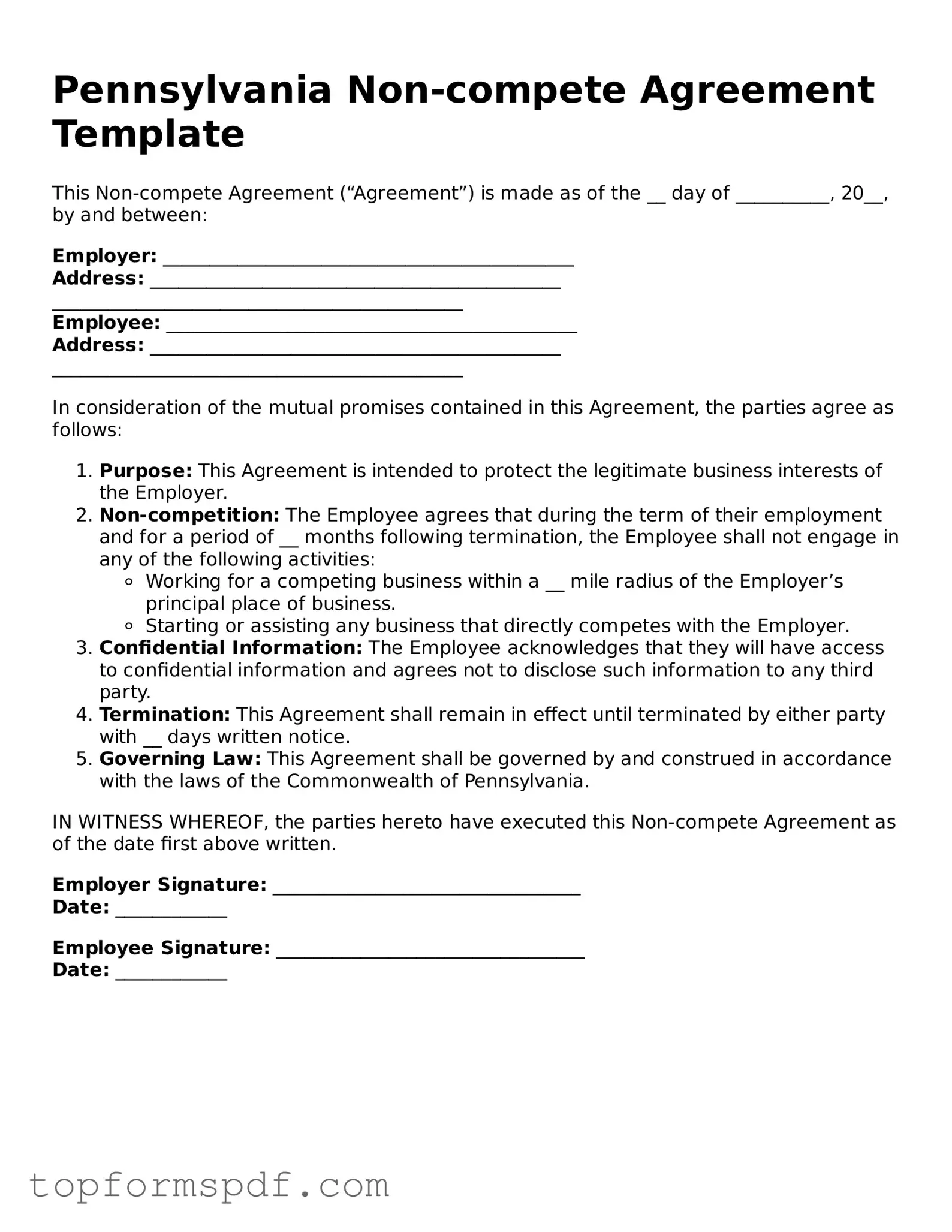 Blank Pennsylvania Non-compete Agreement Template