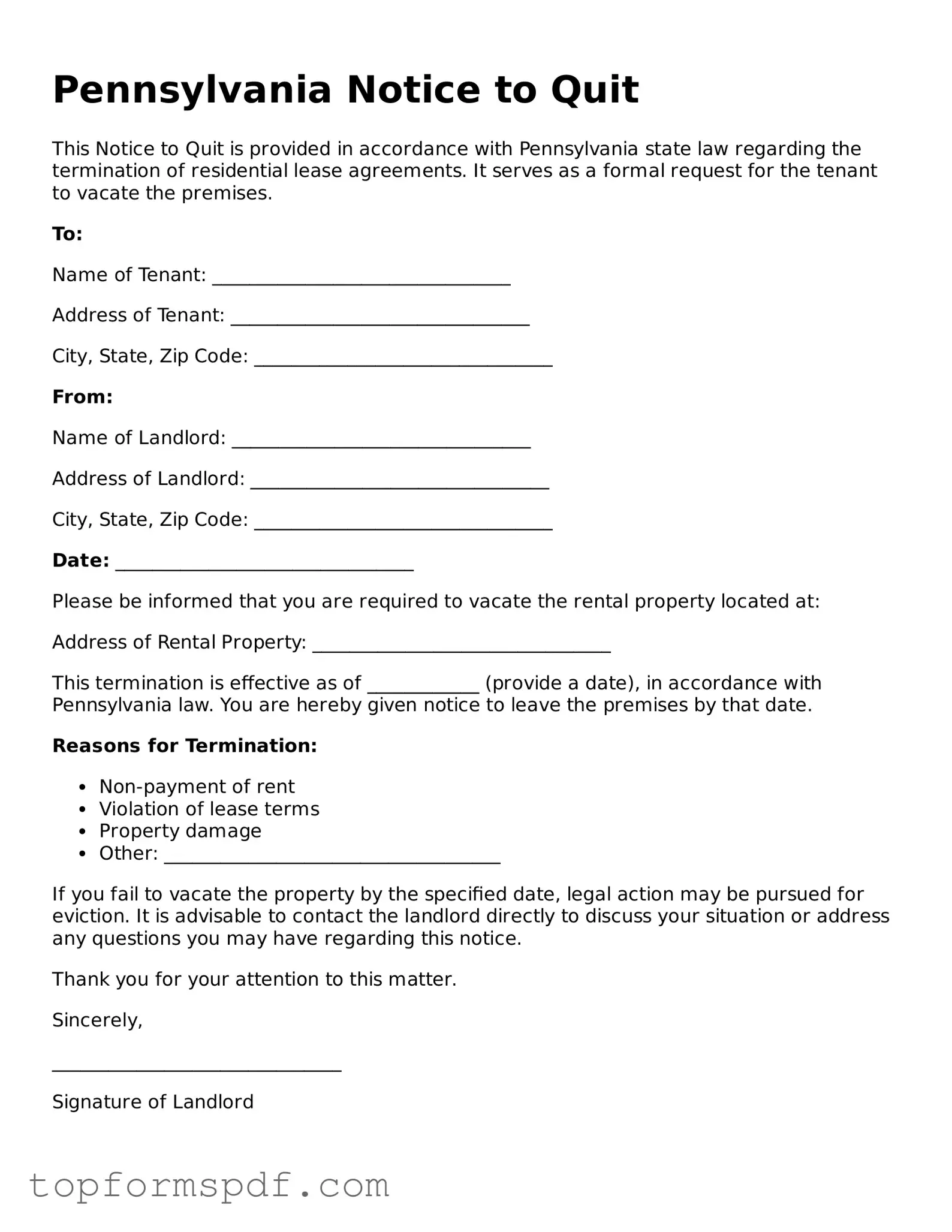 Blank Pennsylvania Notice to Quit Template