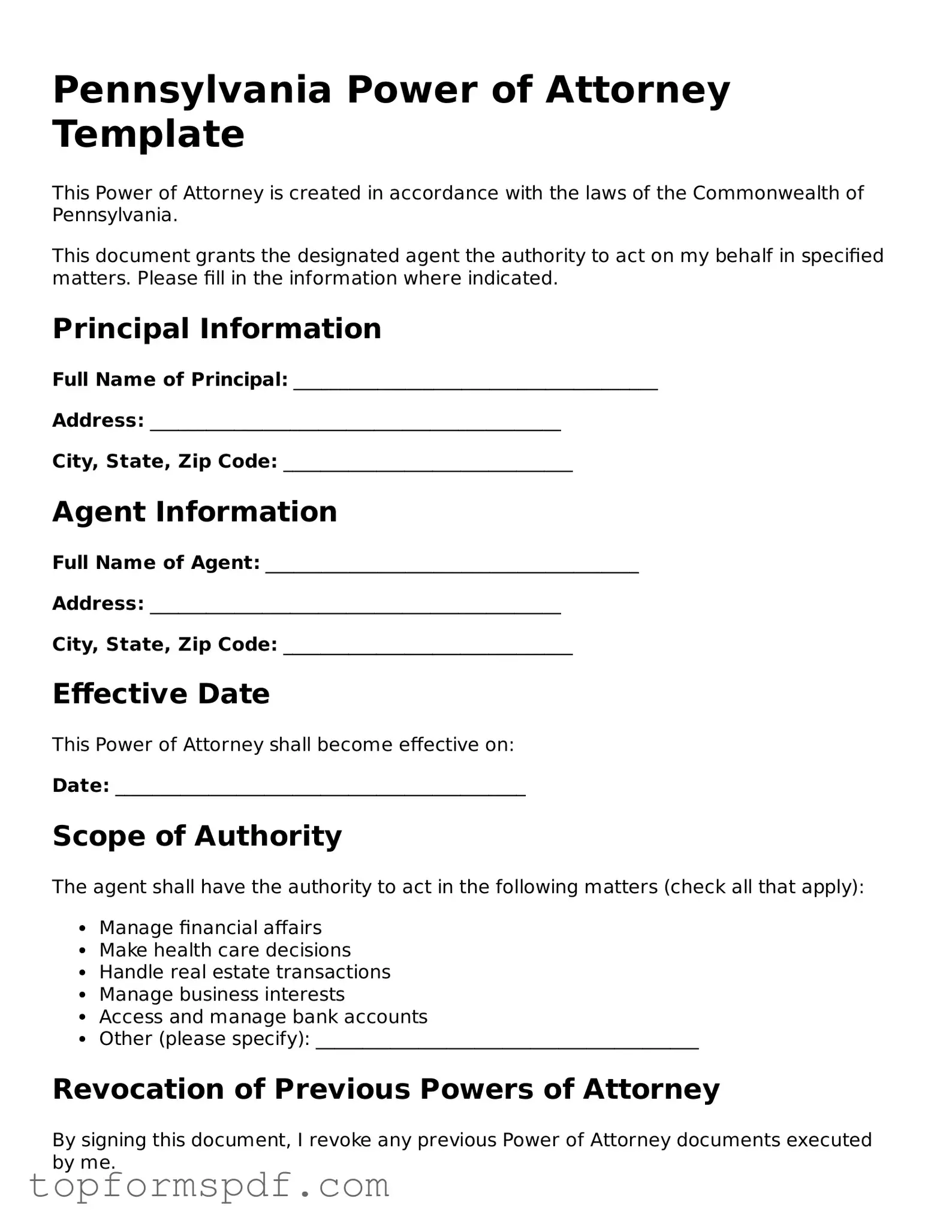 Blank Pennsylvania Power of Attorney Template