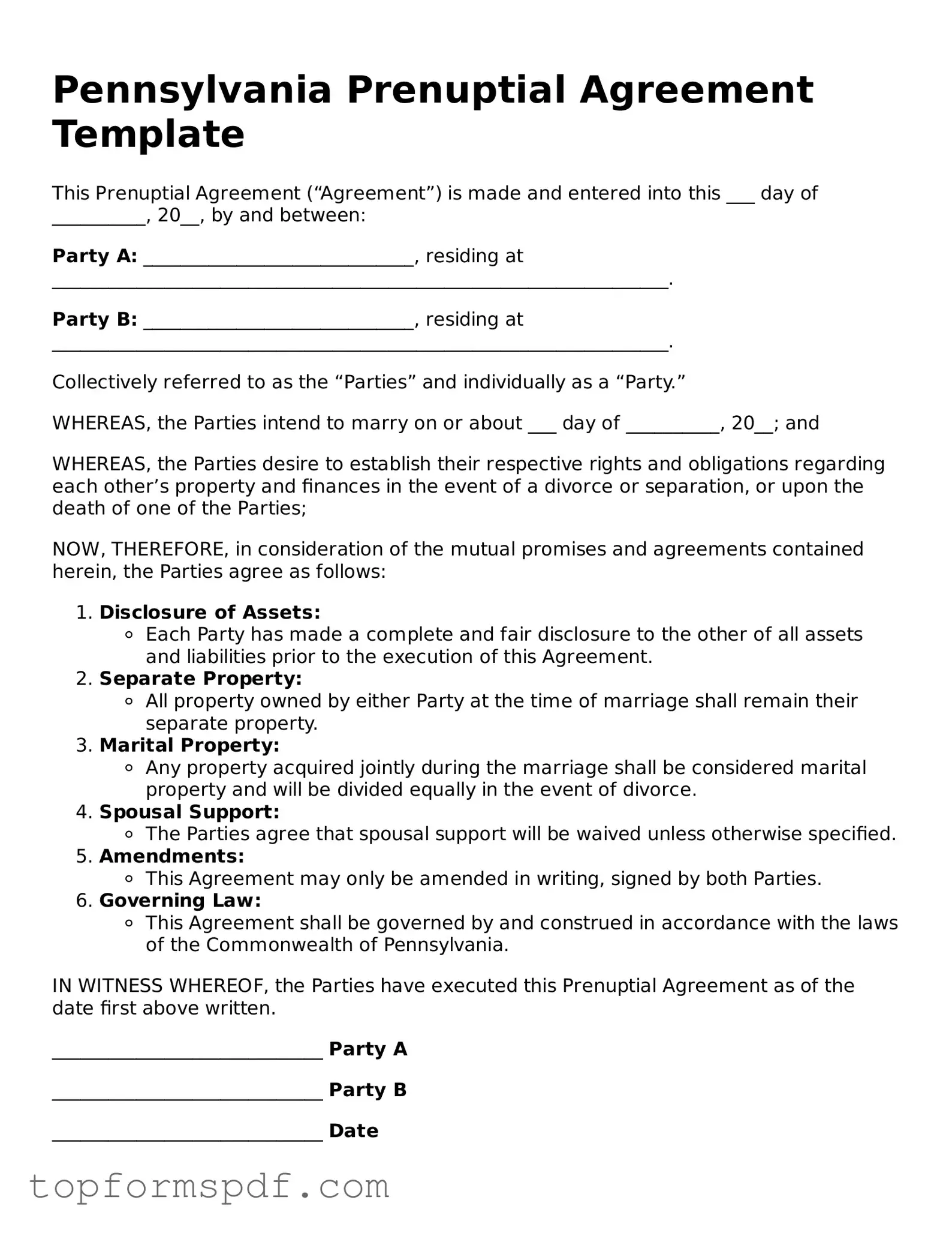 Blank Pennsylvania Prenuptial Agreement Template