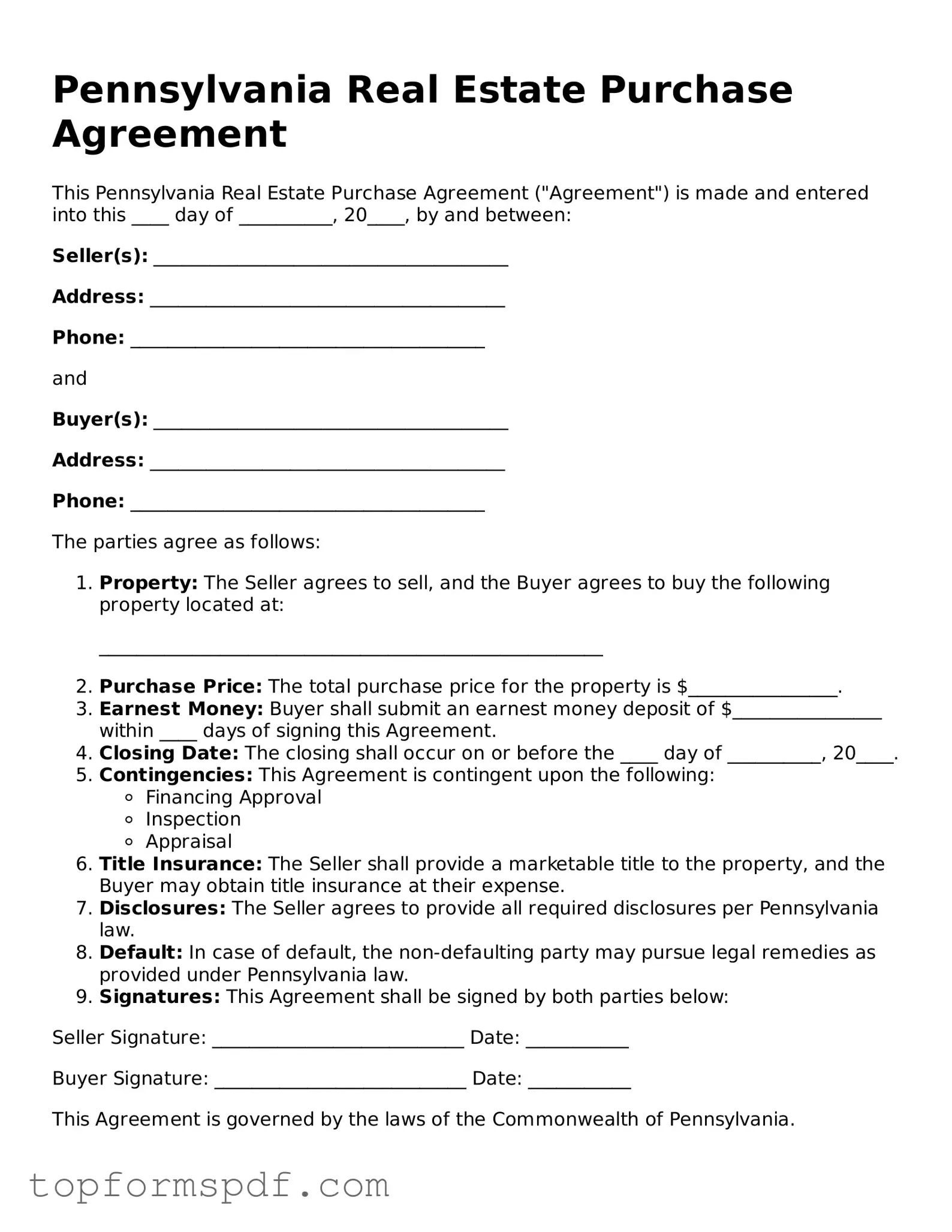 Blank Pennsylvania Real Estate Purchase Agreement Template