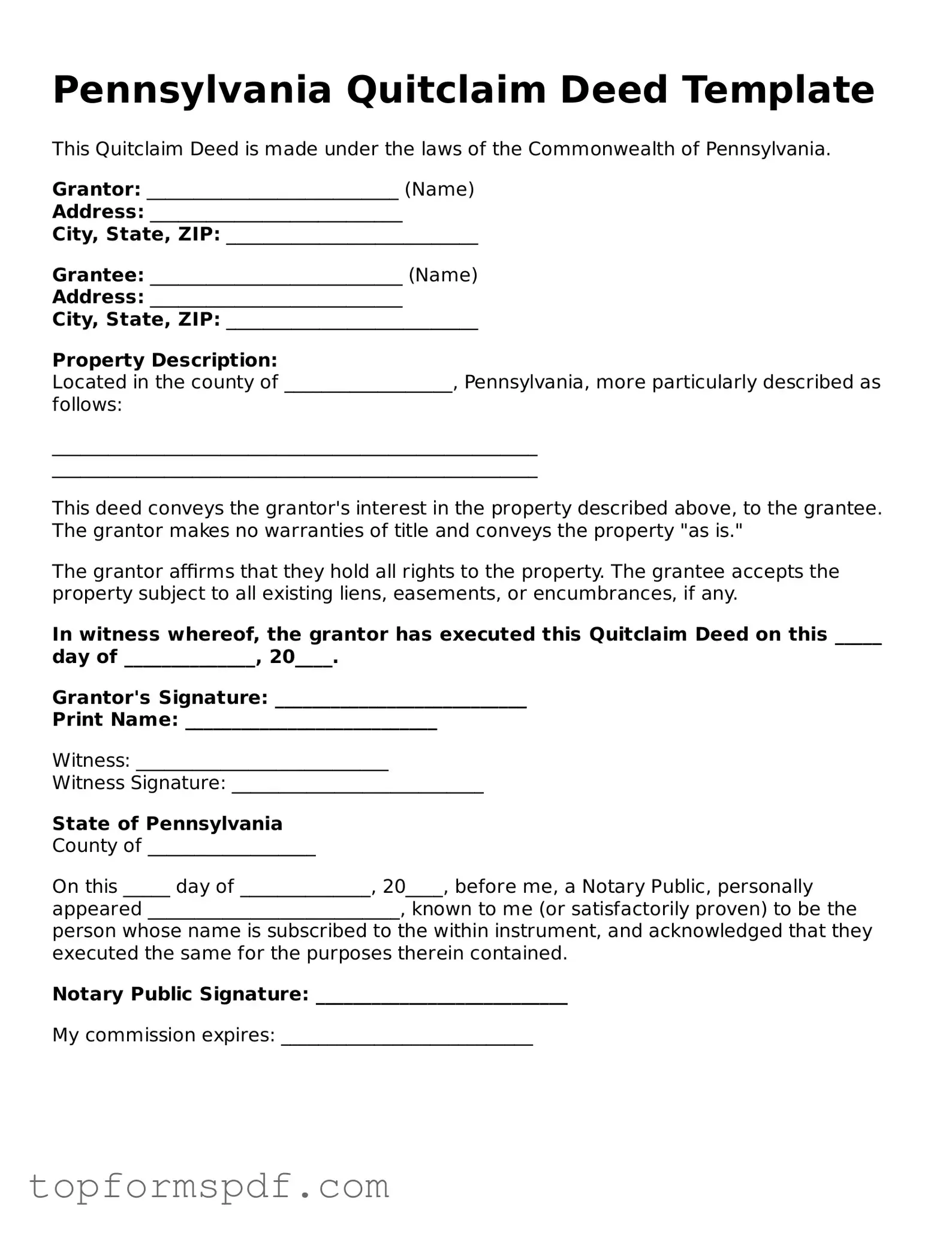 Blank Pennsylvania Quitclaim Deed Template