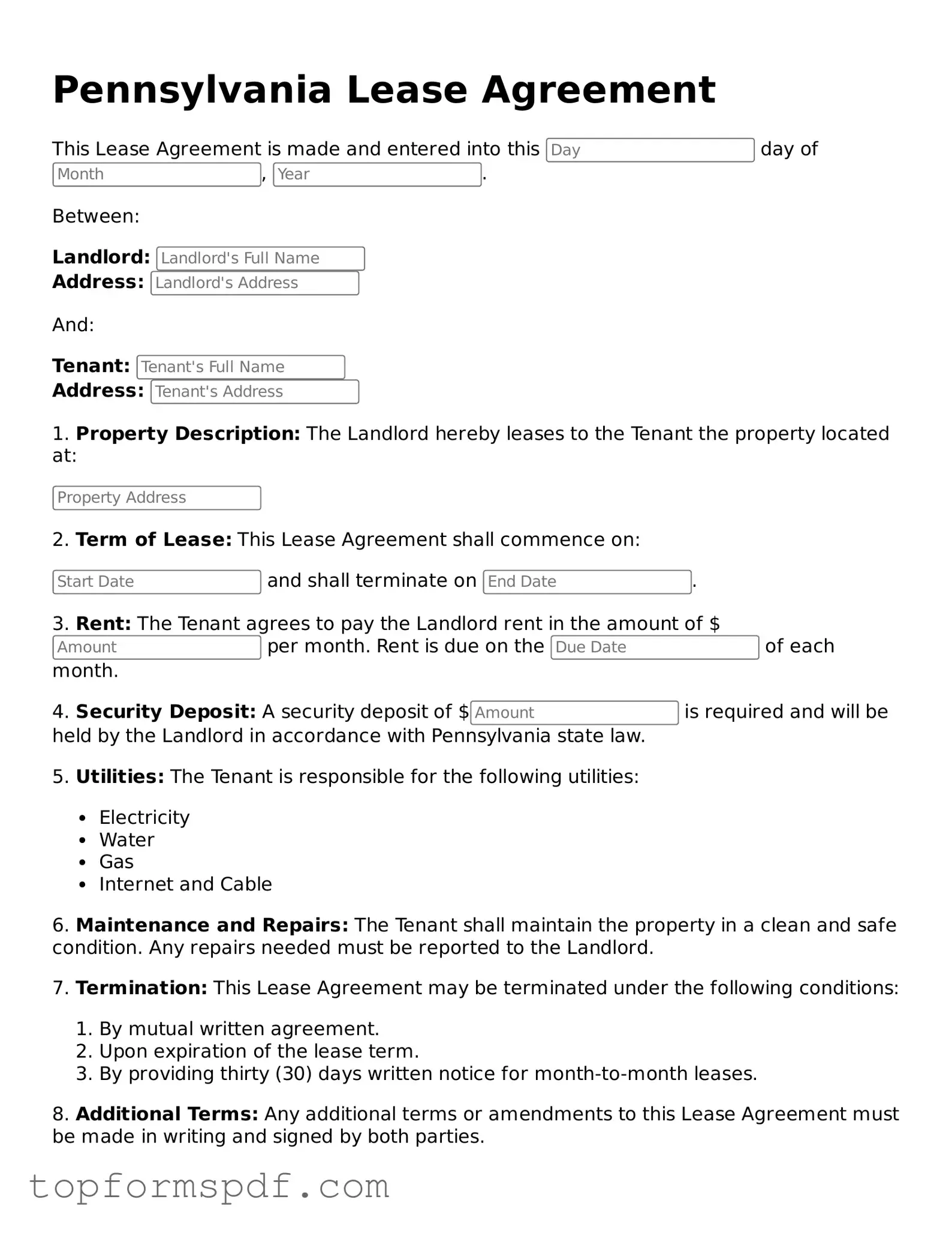 Blank Pennsylvania Lease Agreement Template