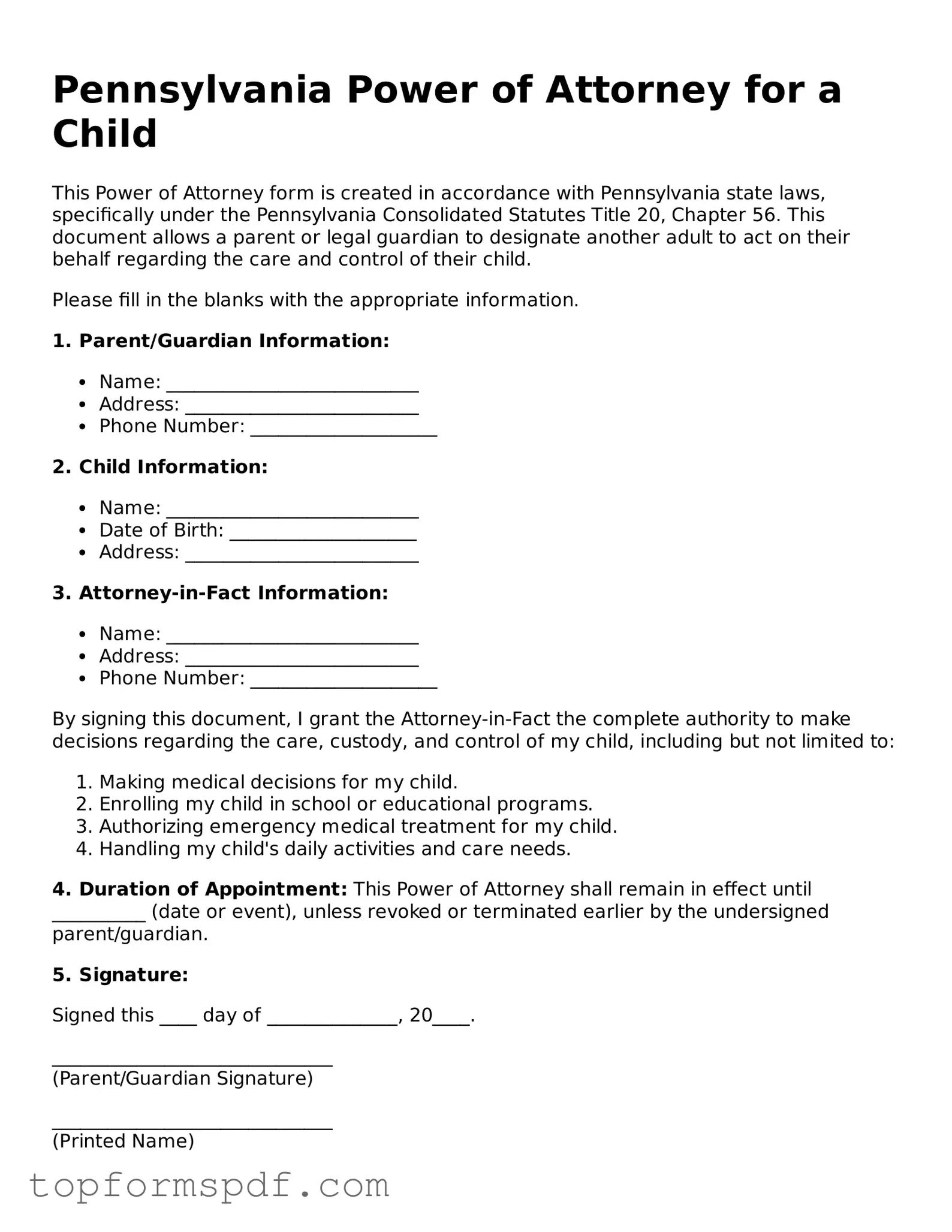 Blank Pennsylvania Power of Attorney for a Child Template