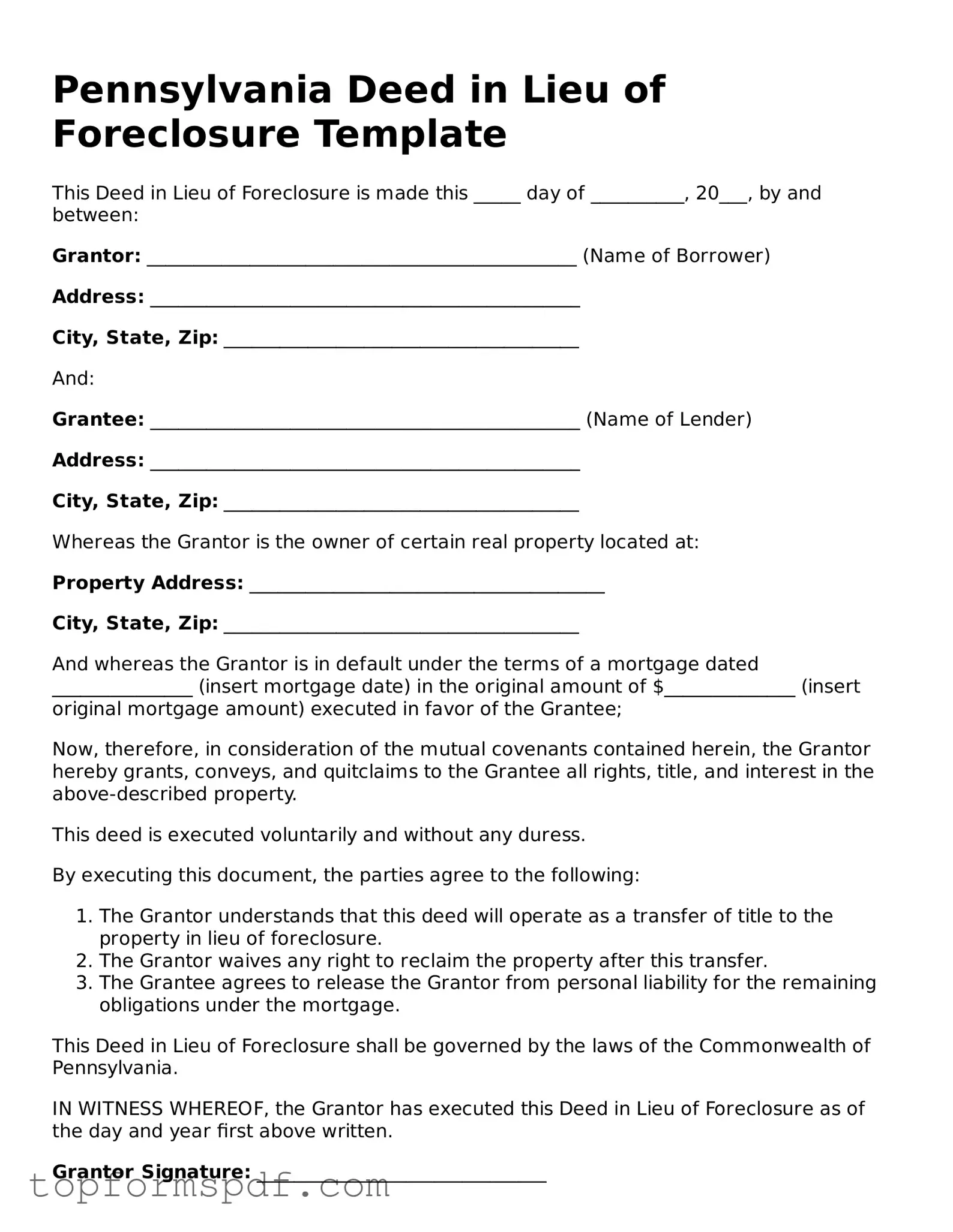 Blank Pennsylvania Deed in Lieu of Foreclosure Template