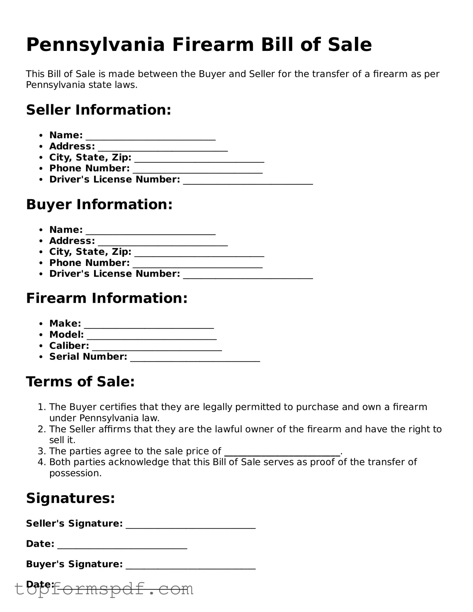 Blank Pennsylvania Firearm Bill of Sale Template