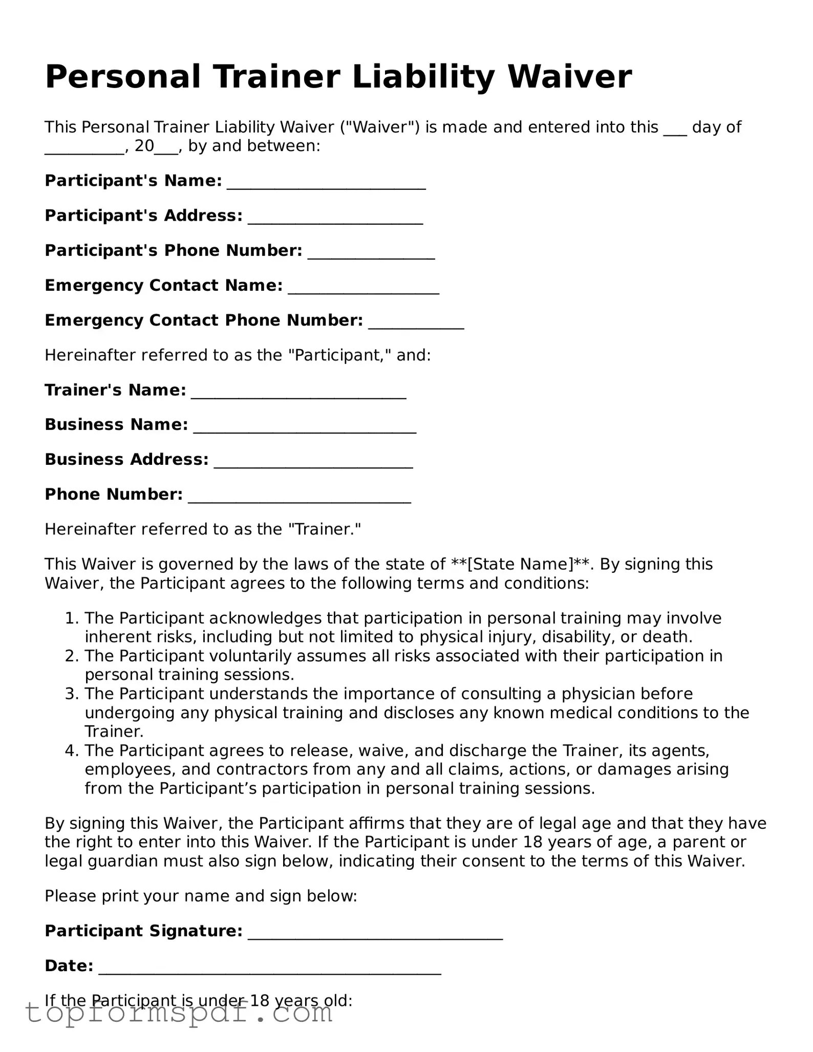 Legal Personal Trainer Liability Waiver Form