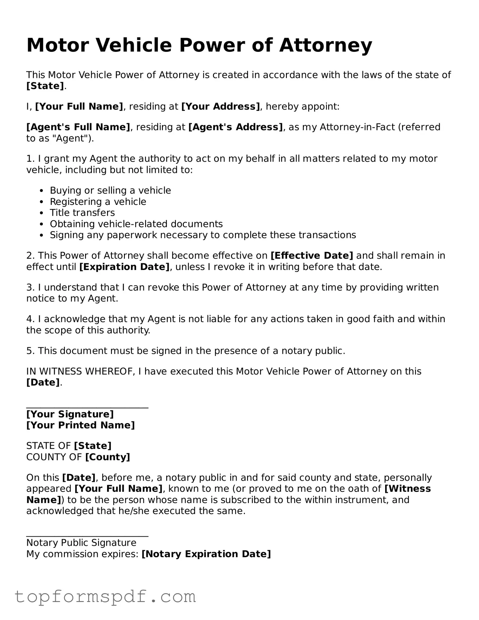 Legal Motor Vehicle Power of Attorney Form