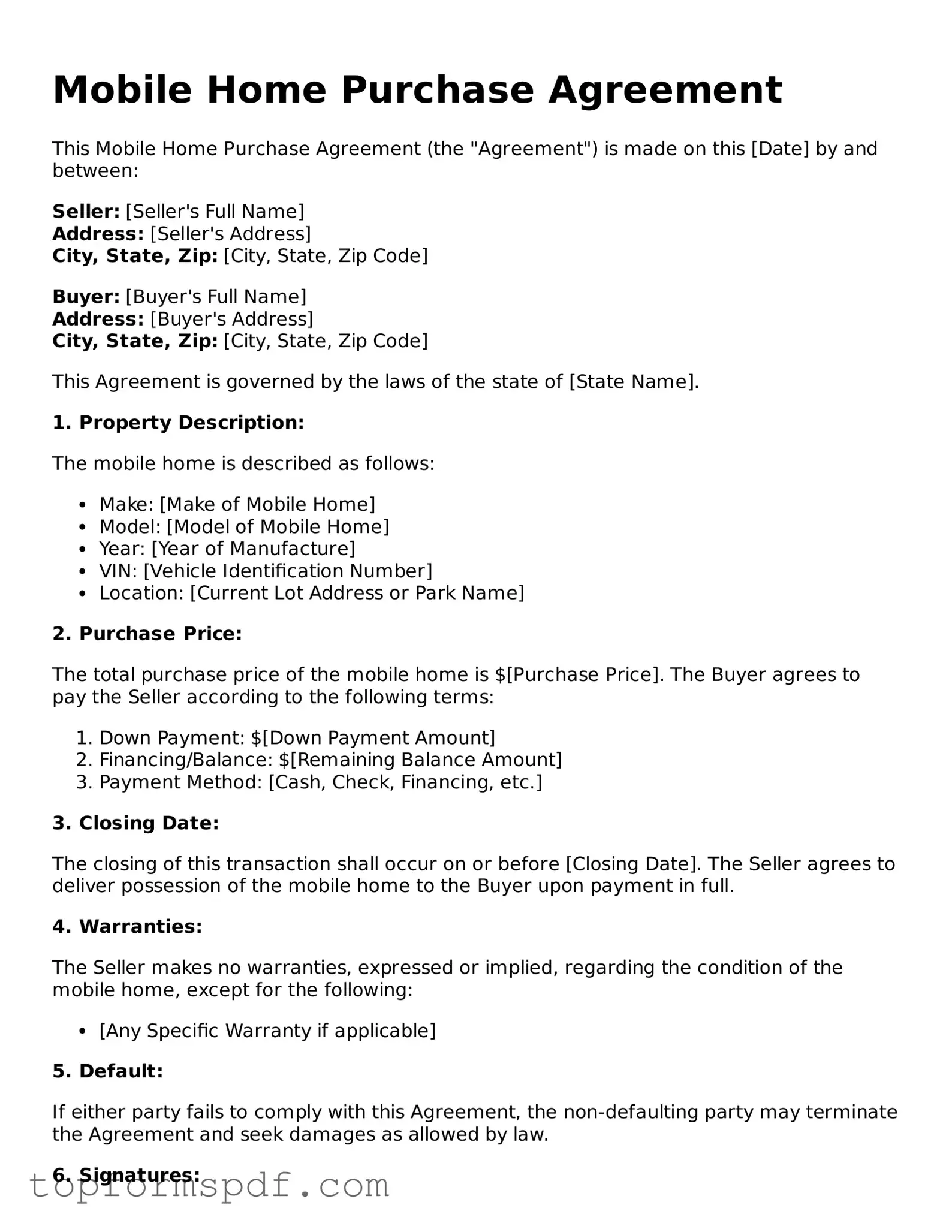 Legal Mobile Home Purchase Agreement Form