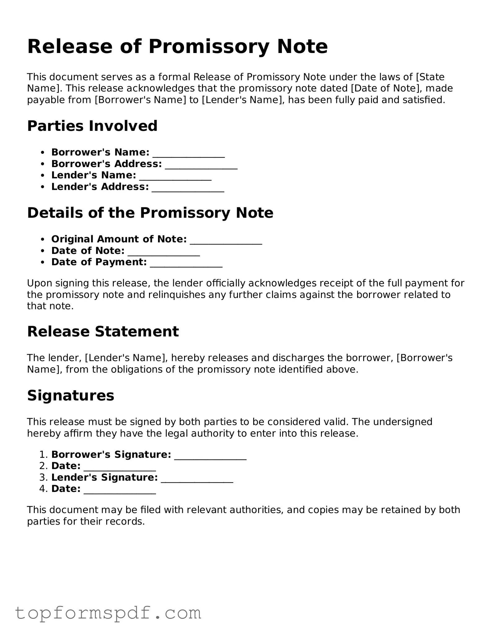Legal Release of Promissory Note Form
