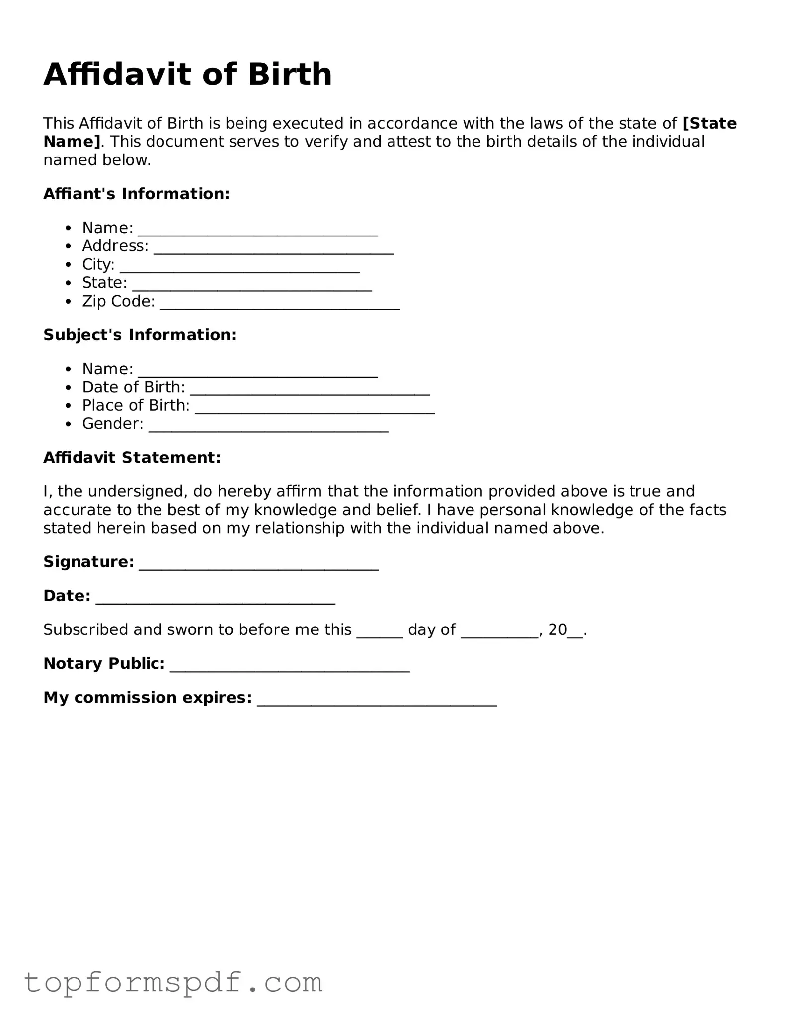 Legal Affidavit of Birth Form