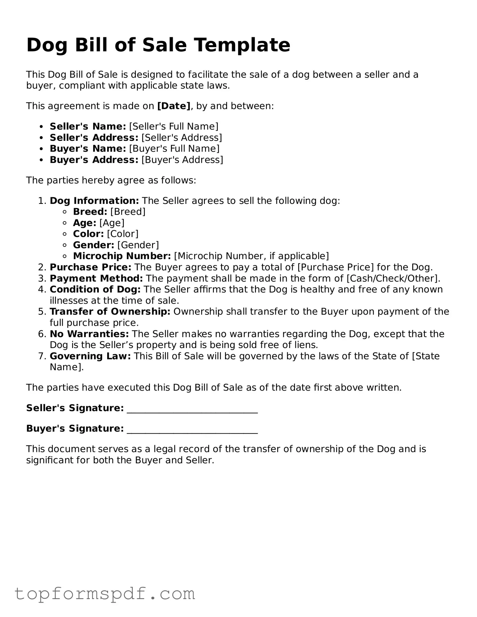 Legal Dog Bill of Sale Form