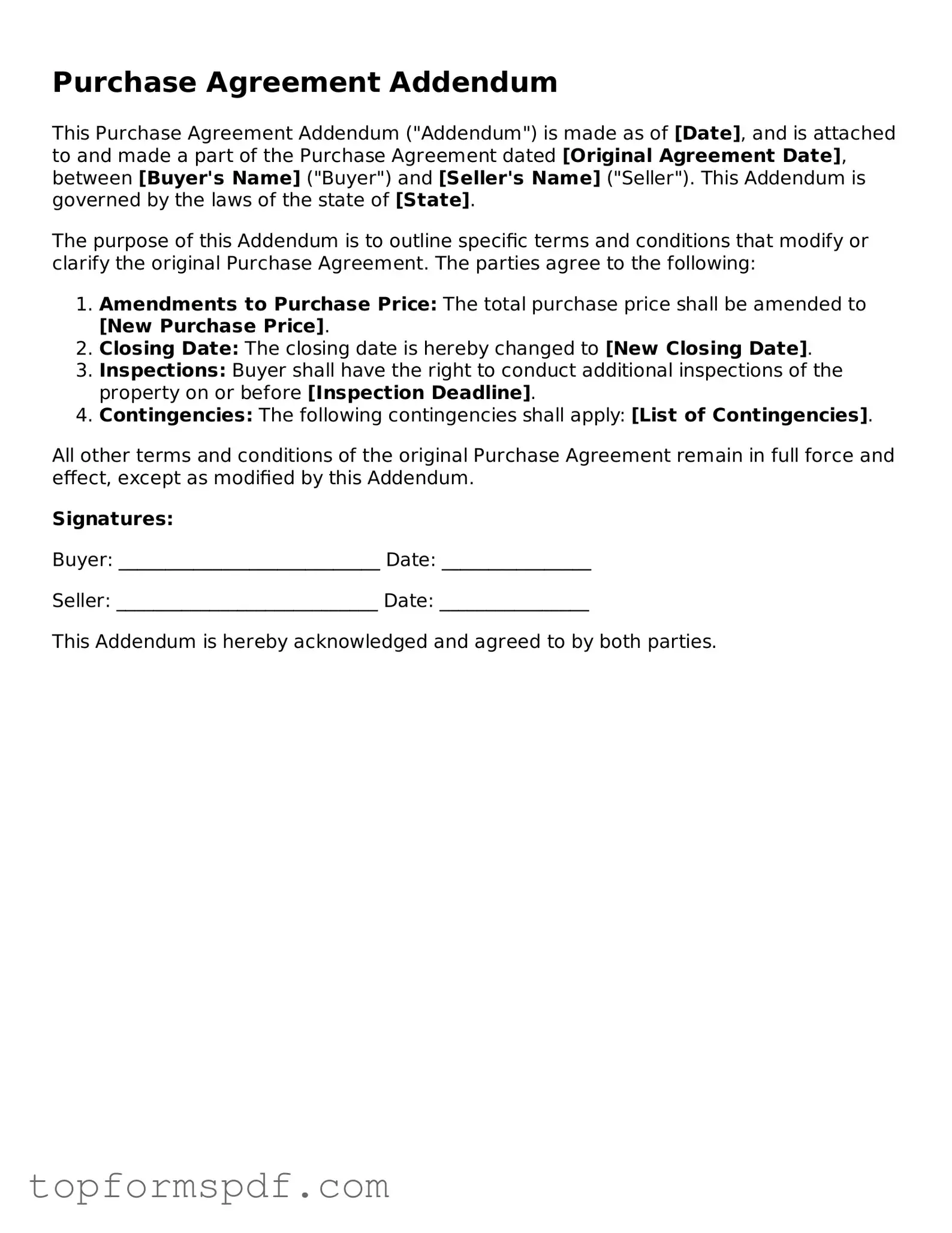 Legal Purchase Agreement Addendum Form