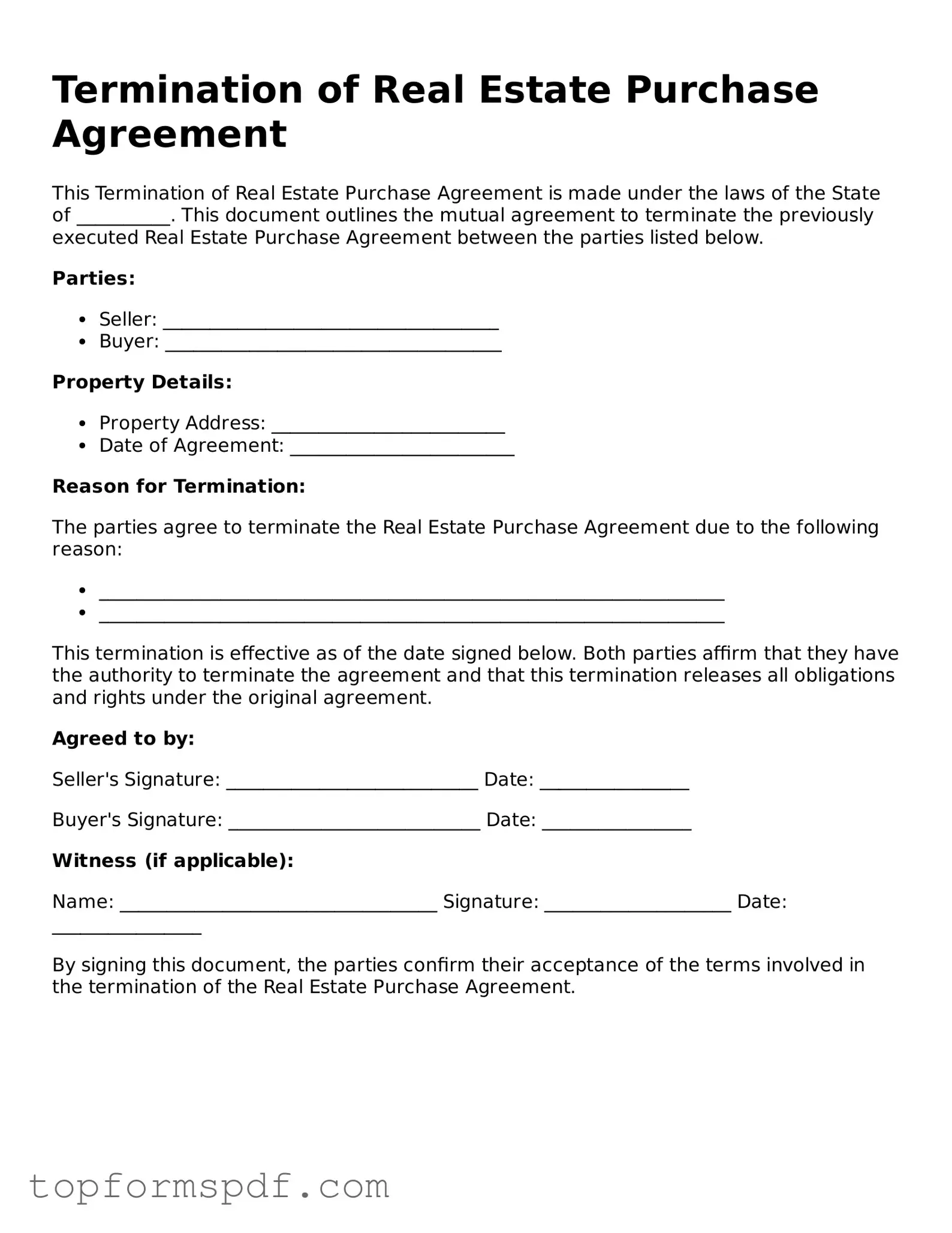 Legal Termination of Real Estate Purchase Agreement Form