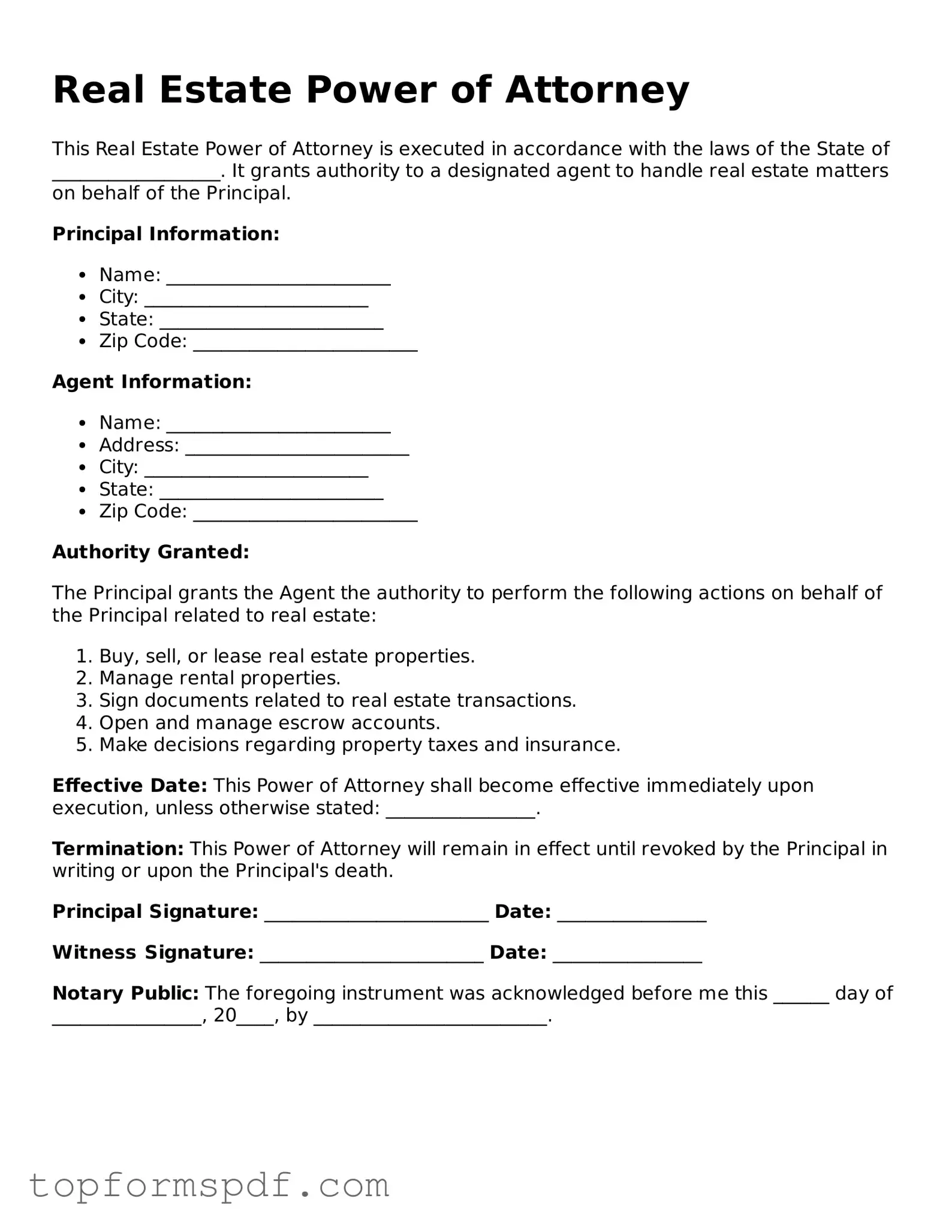 Legal Real Estate Power of Attorney Form