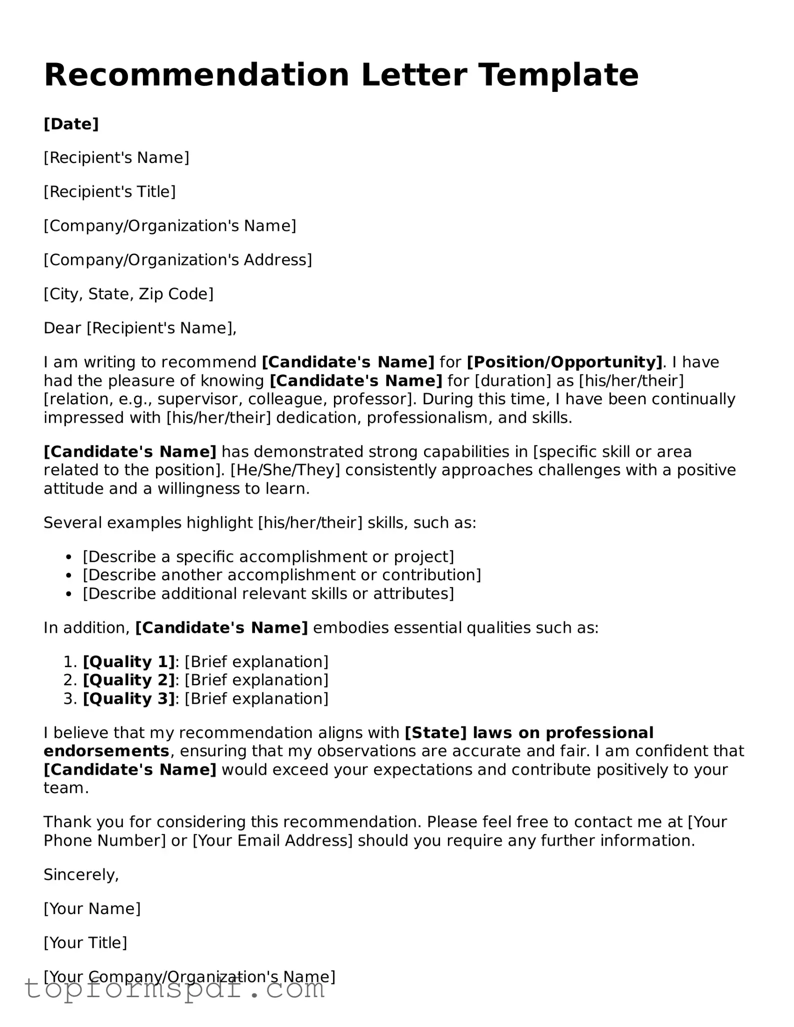 Legal Recommendation Letter Form