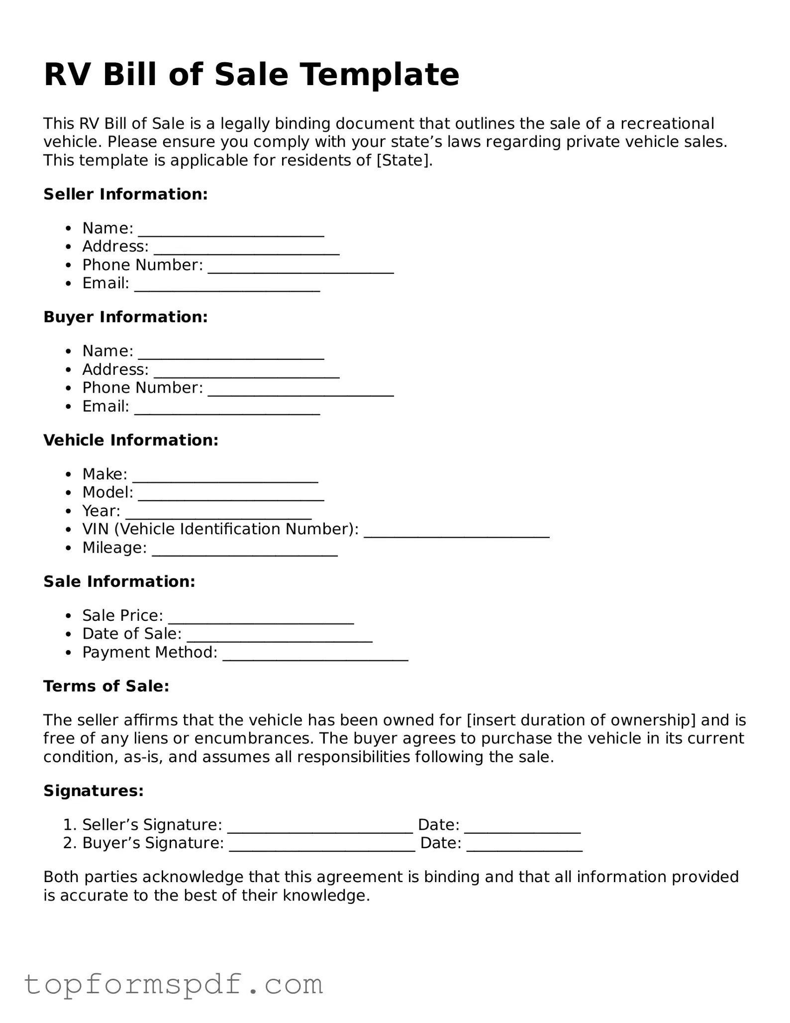 Legal RV Bill of Sale Form