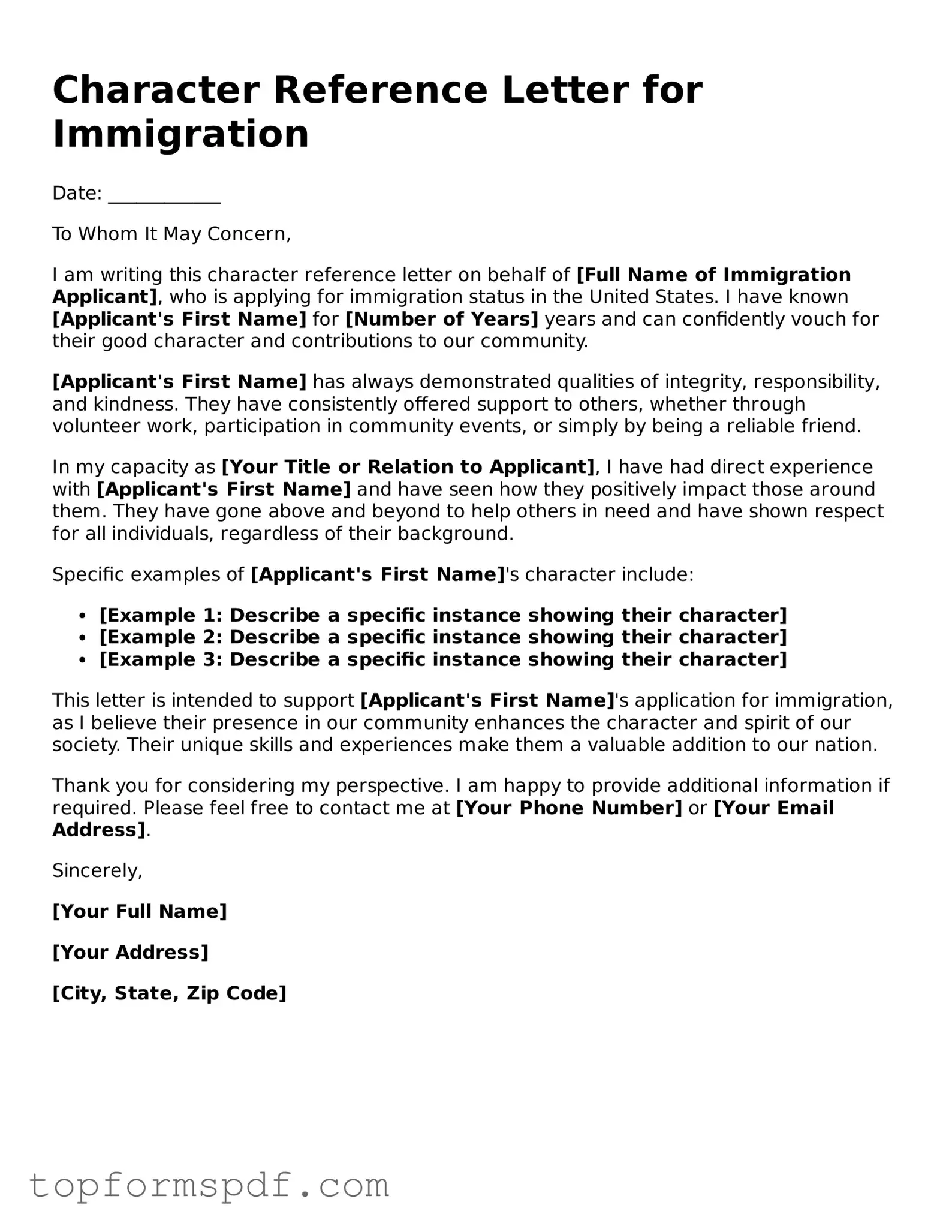 Legal Character Reference Letter for Immigration Form