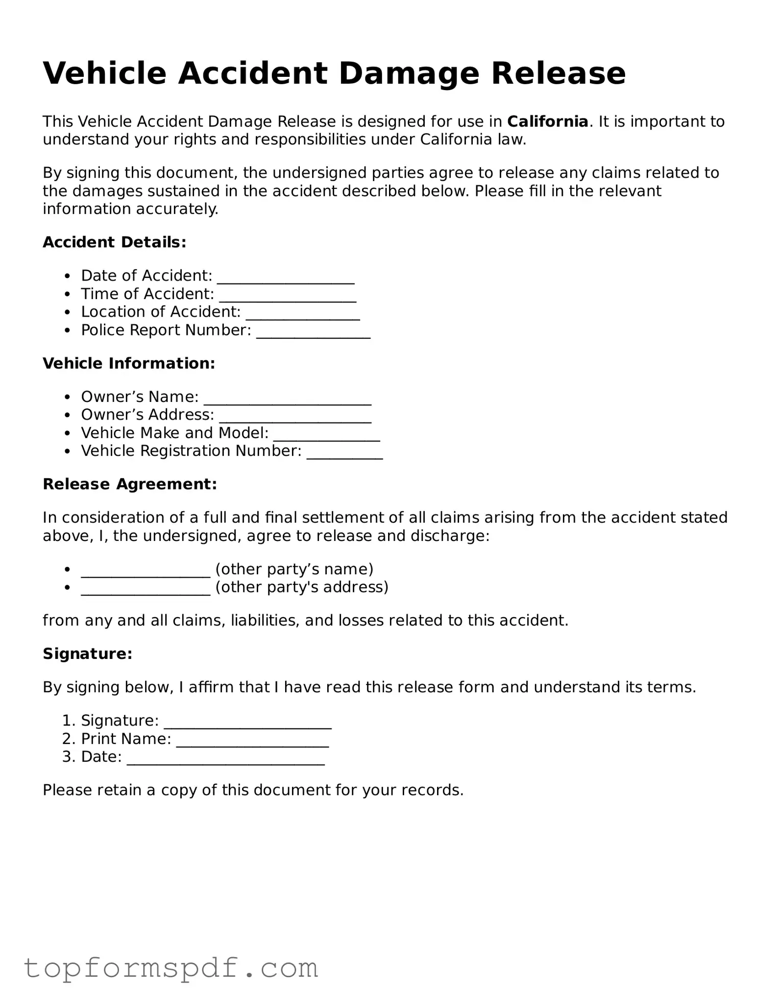 Legal Vehicle Accident Damage Release Form