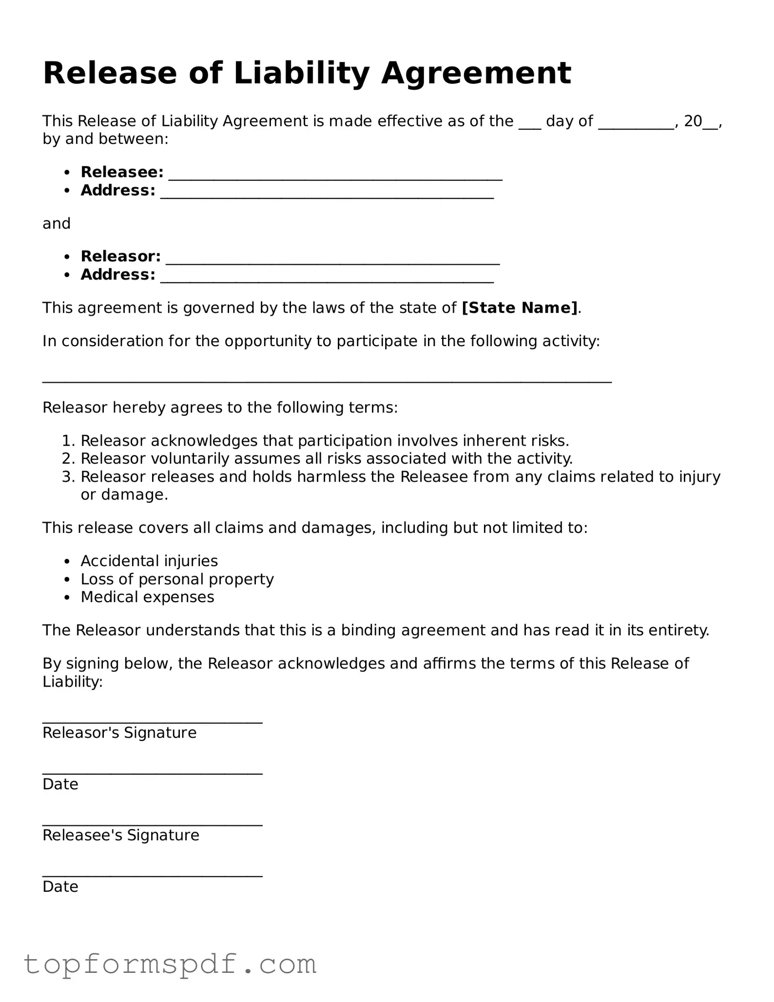 Legal Release of Liability Form