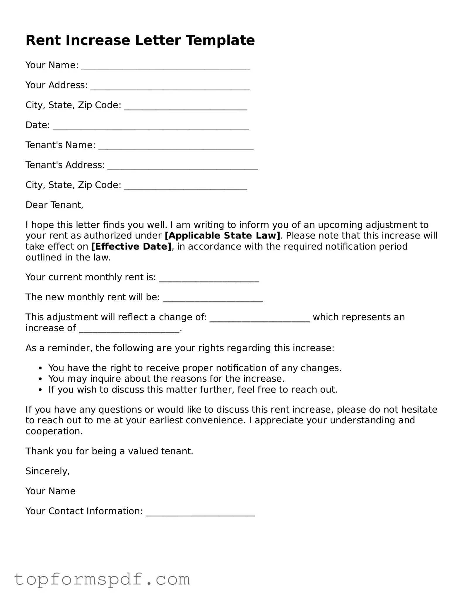 Legal Rent Increase Letter Form