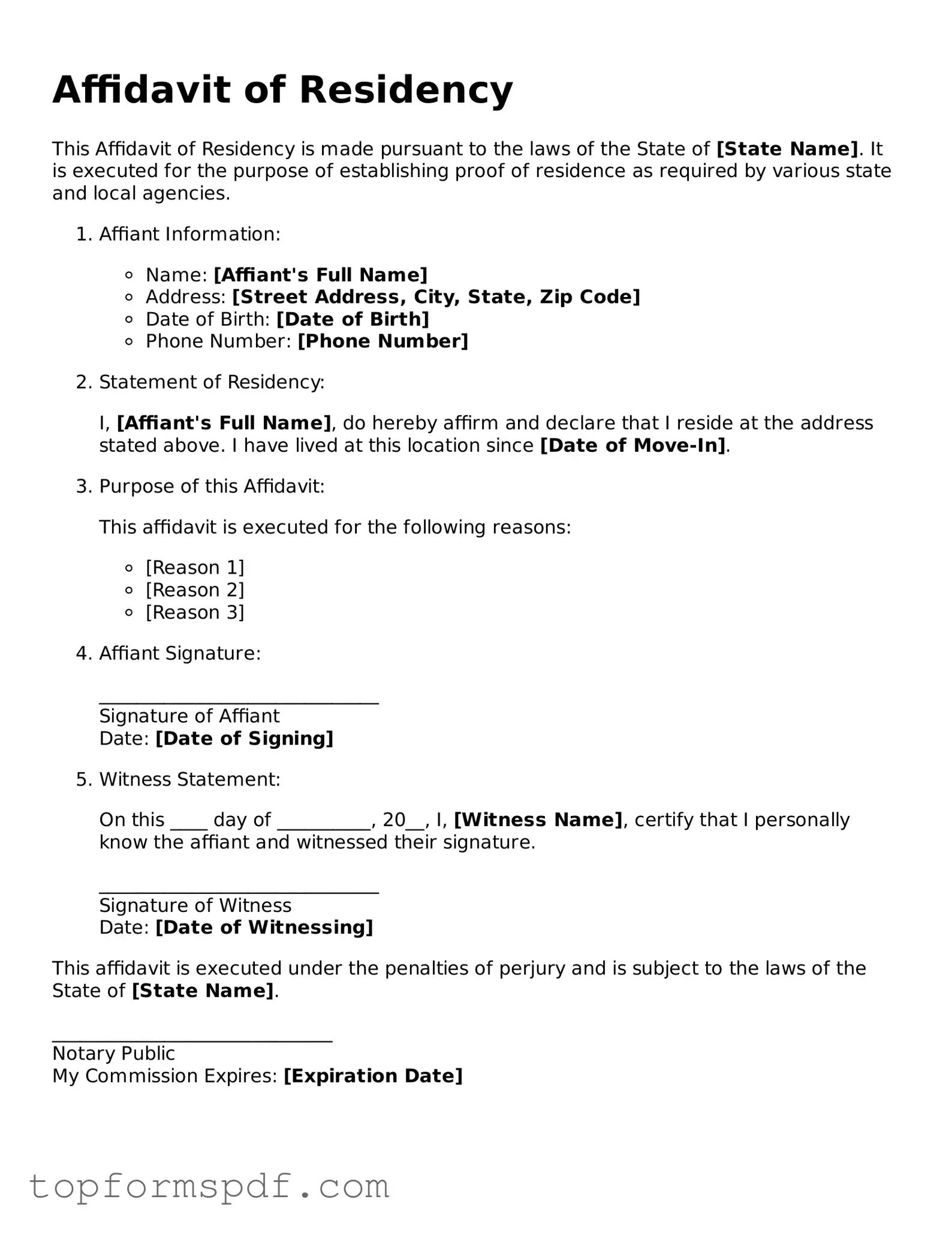 Legal Affidavit of Residency Form