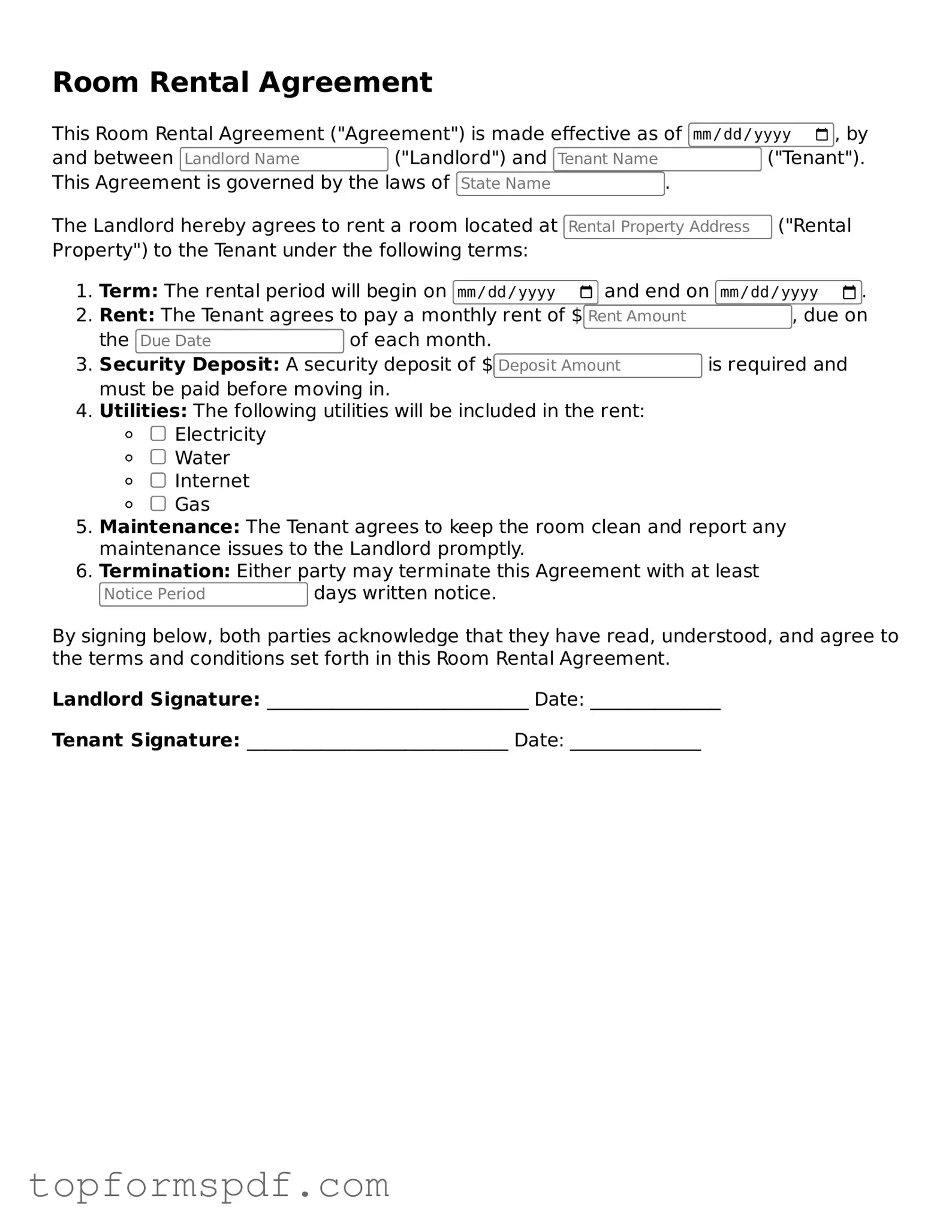 Legal Room Rental Agreement Form