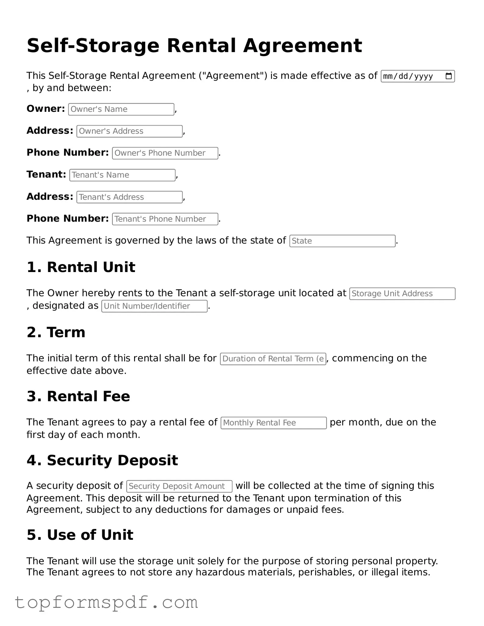 Legal Self-Storage Rental Agreement Form