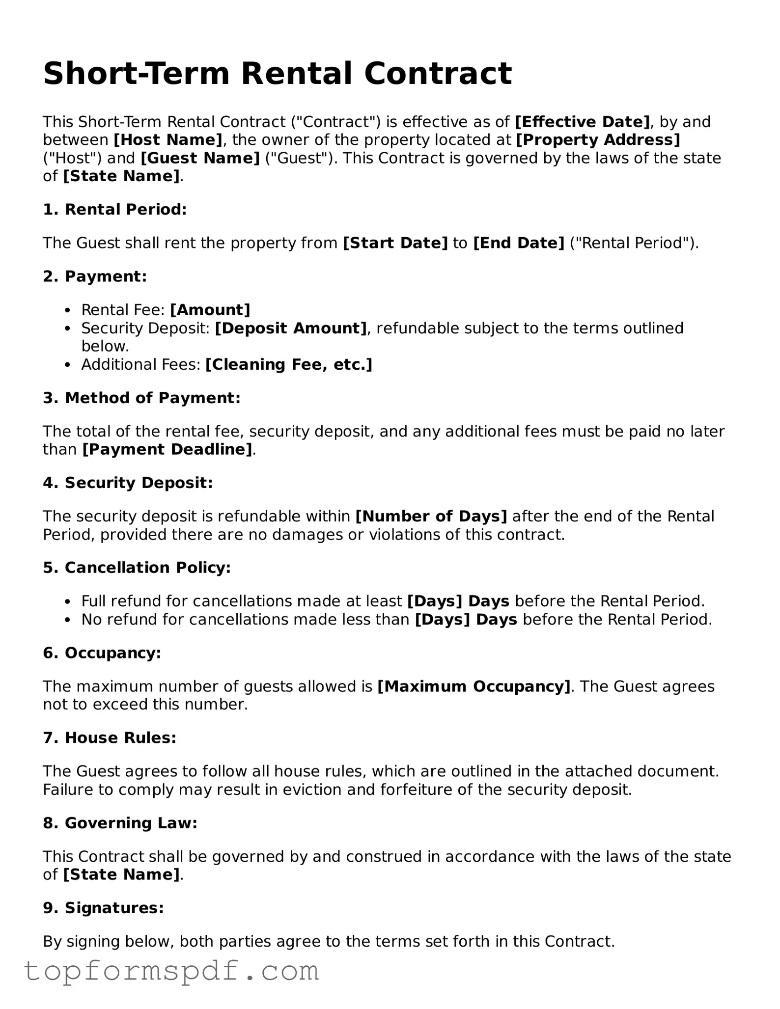 Legal Short-Term Rental Contract Form