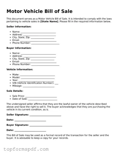 Legal Motor Vehicle Bill of Sale Form